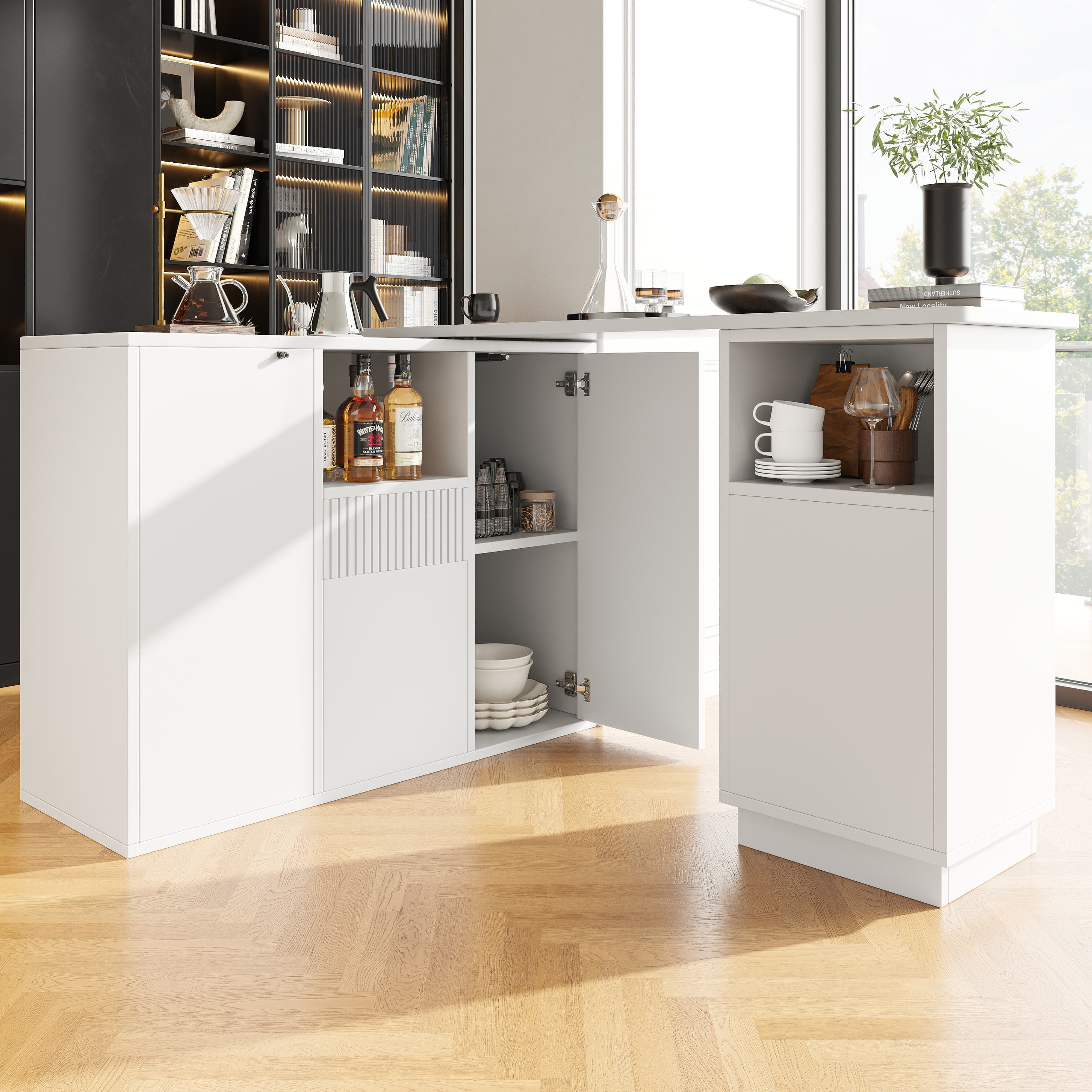 Marble-Effect Bar Table, 360° Swivel Kitchen Island with Slim Storage, Breakfast Bar for Kitchen/Living Room, 198.5x30x72.5 cm, White | Aosom UK