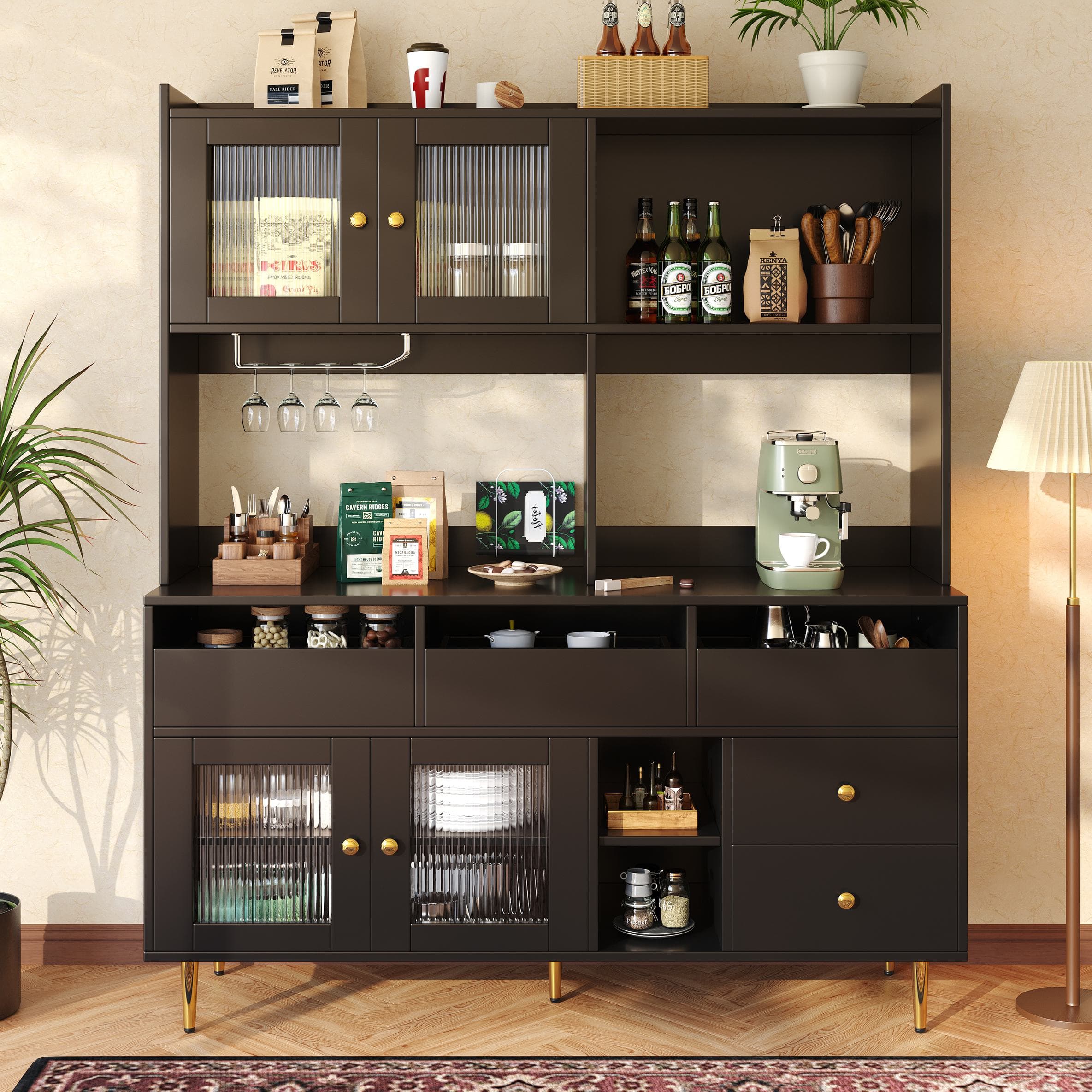 Multi-Layered Storage Cabinet with Glass Doors, Wine Glass Holder, Versatile Storage Unit with Raised Design, 145L x 39W x 171H cm, Black | Aosom UK