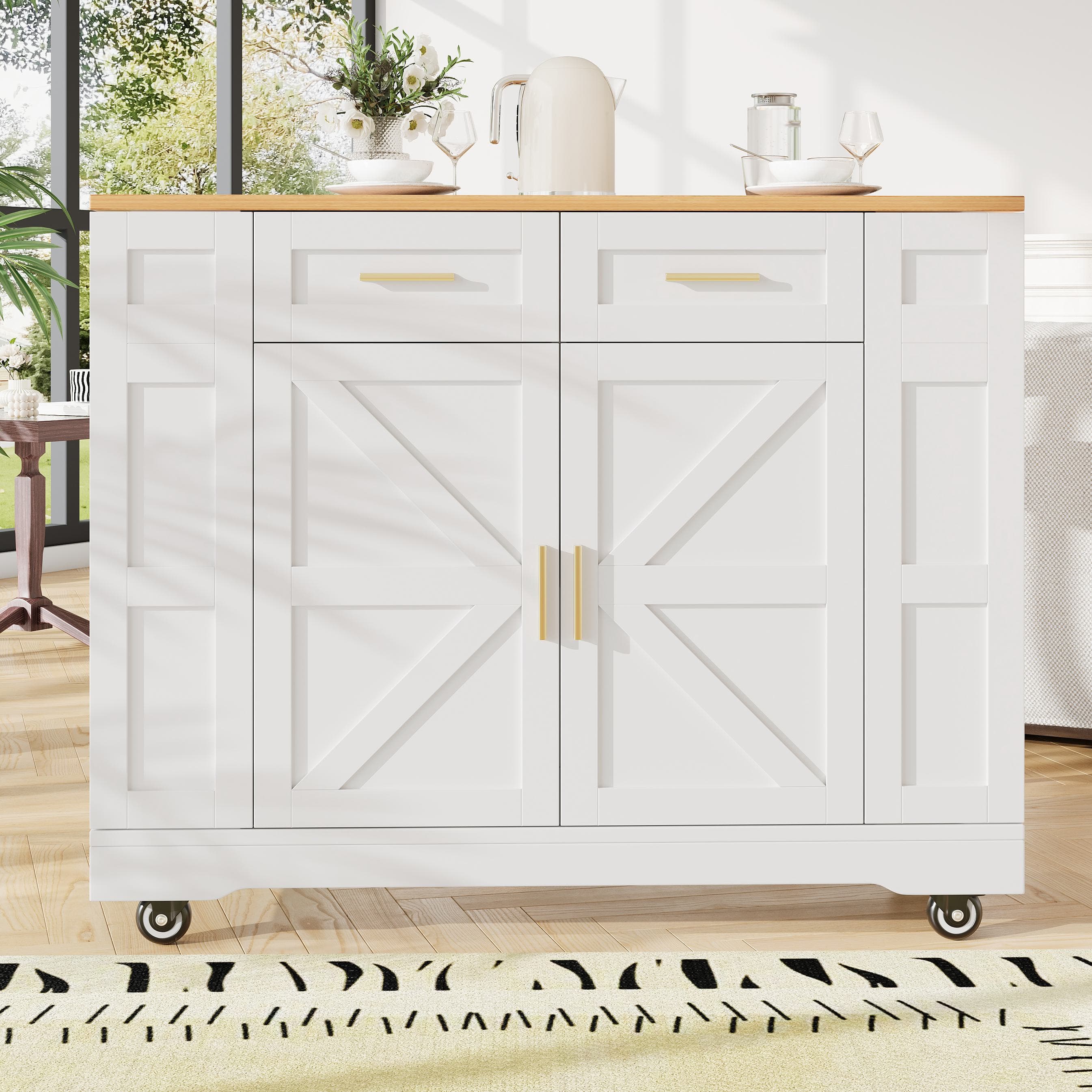 Movable Kitchen Island Trolley with Adjustable Worktop, Rolling Utility Cart with Drawers and Storage Racks, 120L x 40W x 90H cm, White | Aosom UK