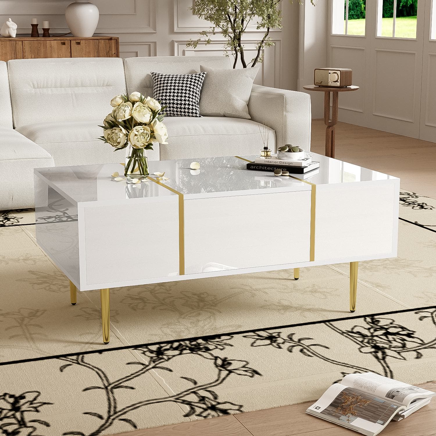 Morden Coffee Table with 2 Drawers, Easy Cleaning, Practical Storage, High-gloss Sofa Table for Living Room, 100L x 60W x 41.5H cm, White | Aosom UK
