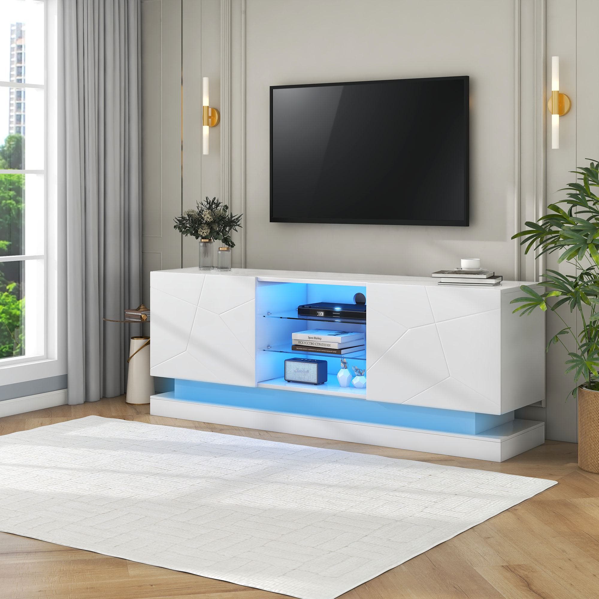 Modern High Gloss TV Cabinet Stand with Smart LED Lighting, Tempered Glass Shelves, Particle Board Entertainment Centre for 70" TV, White | Aosom UK