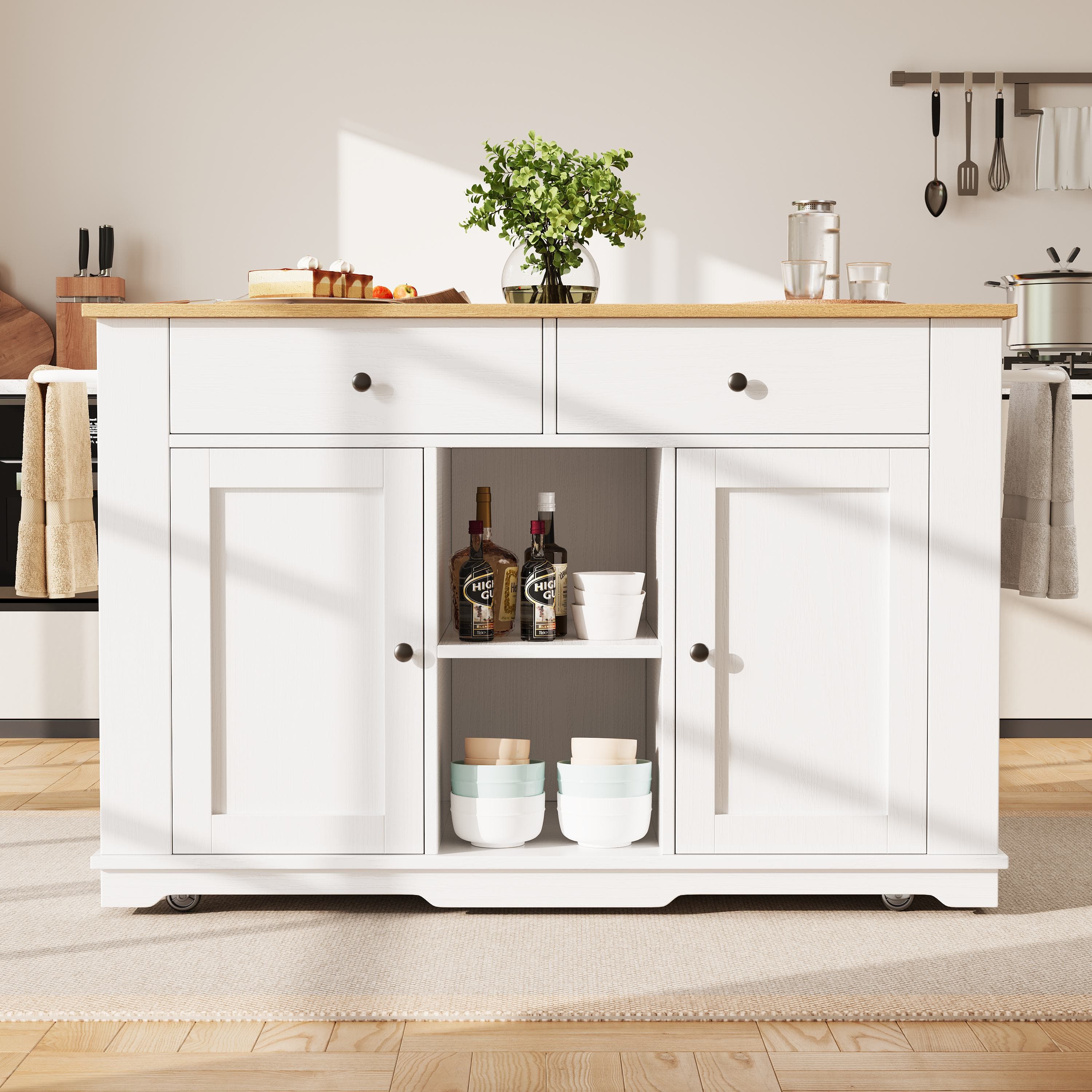 Movable Kitchen Island with Power Strip, Foldable Dining Table with Adjustable Shelves, Center Island with Lockable Castors, 151.5L x 85W x 92H cm, White | Aosom UK