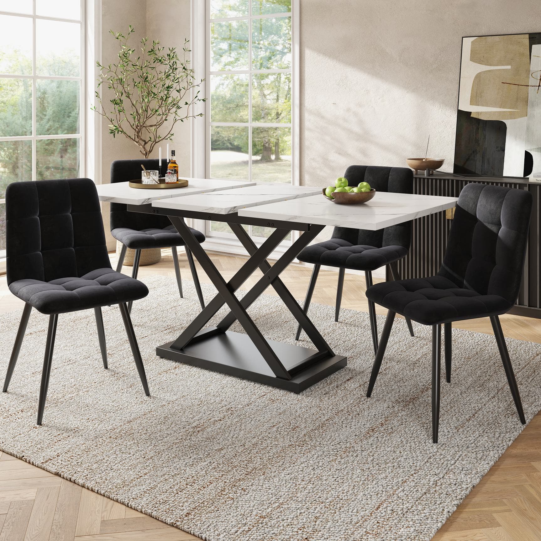 Extending Dining Table and Chairs with 4 Velvet Chairs, Marble Tabletop, Elegant 5-Piece Dining Set for Kitchen, 160L x 80W x 75H cm, White & Black | Aosom UK
