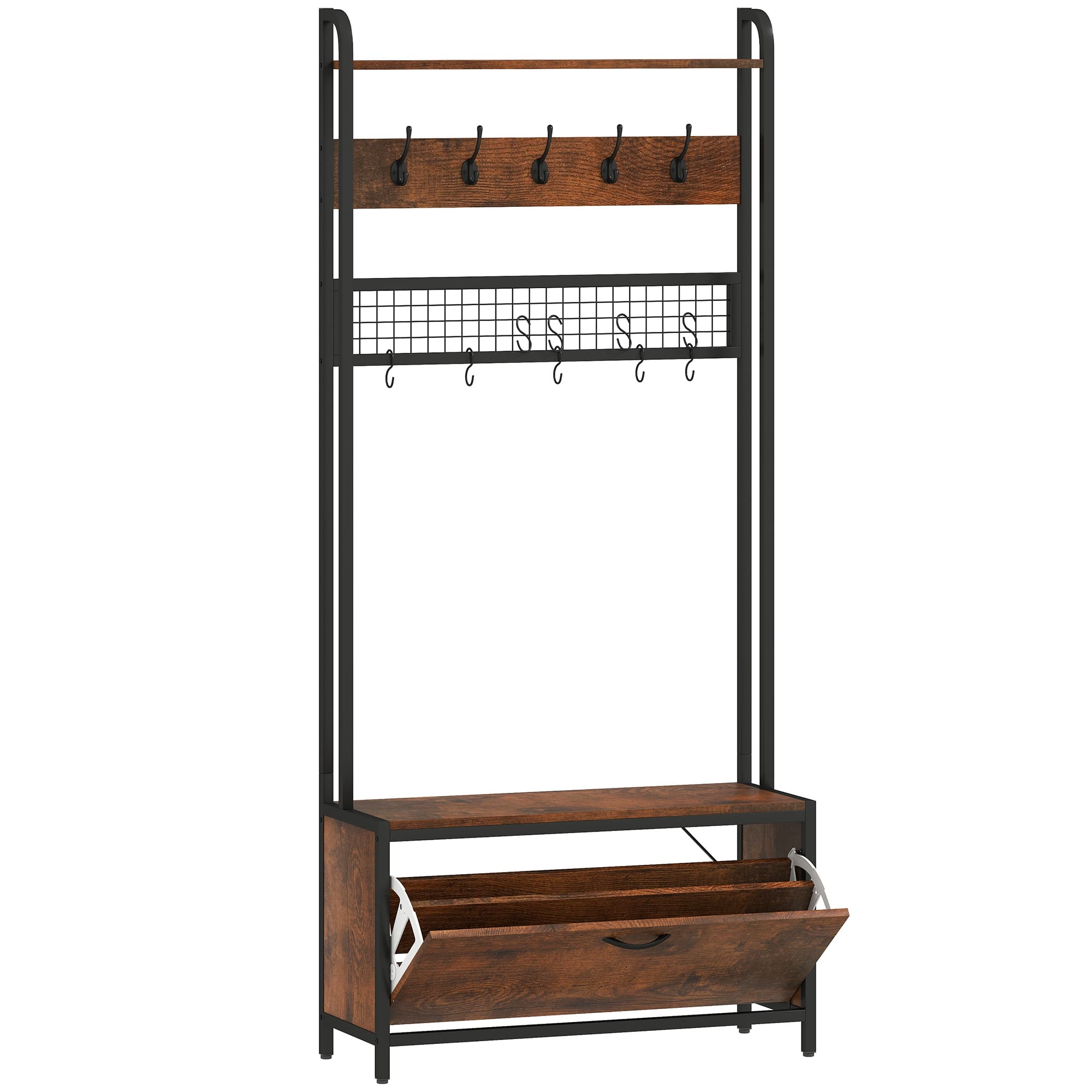 HOMCOM 5-In-1 Industrial-Style Hallway Tree - Brown/Black