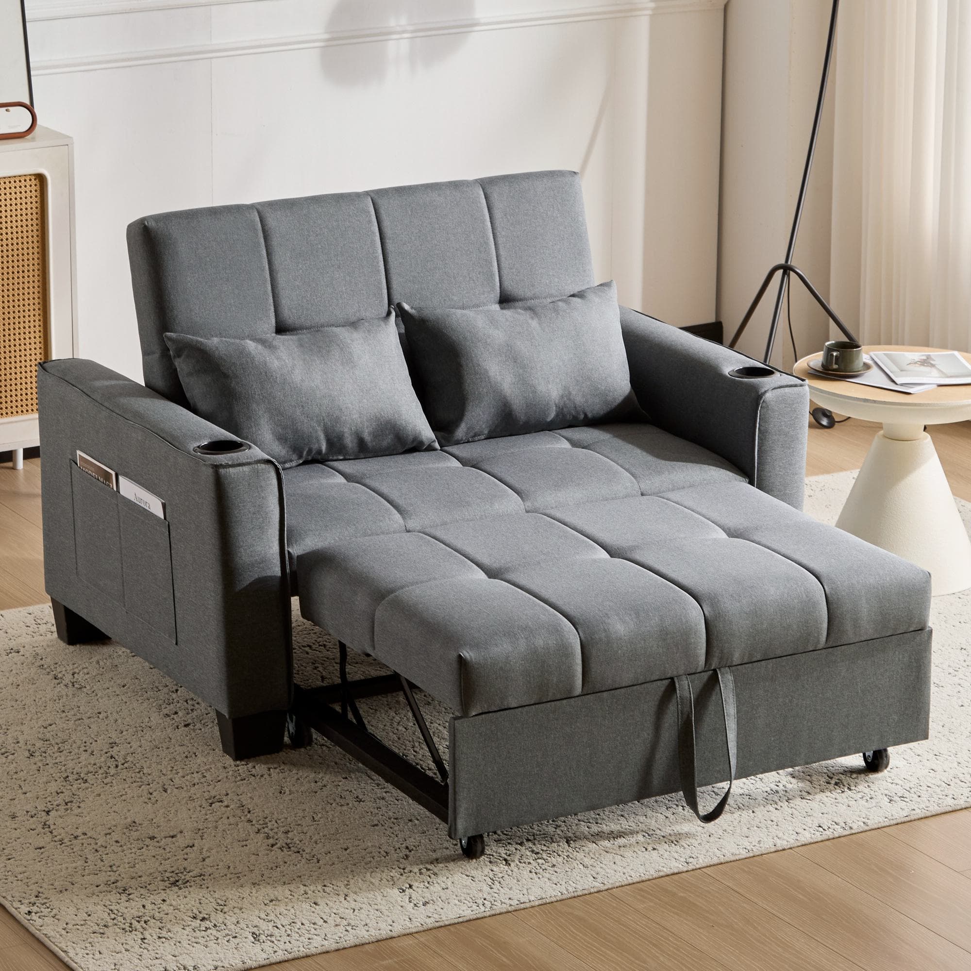 2 Seater Convertible Sofa Bed with Storage Side Pockets, Cup Holders, Fabric Sofa Chair with Adjustable Backrest, 140L x 96W x 97H cm, Gray | Aosom UK