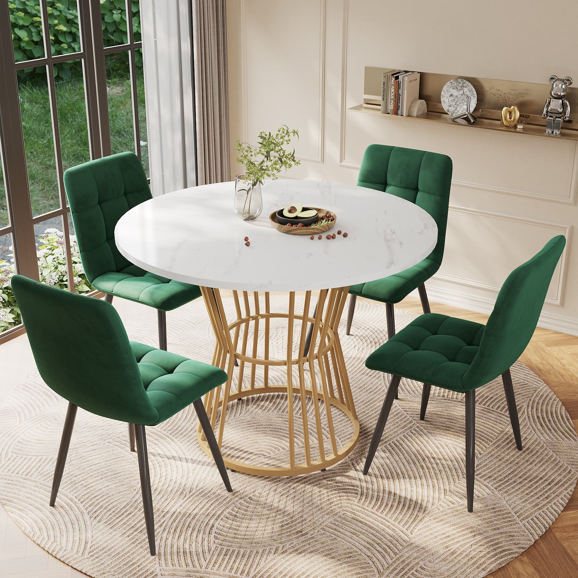 Round Dining Table and Chairs with 4 Velvet Chairs, Marble Pattern MDF Top, Golden Metal Legs, Adjustable Foot, Ideal for Dining Room, White & Green | Aosom UK