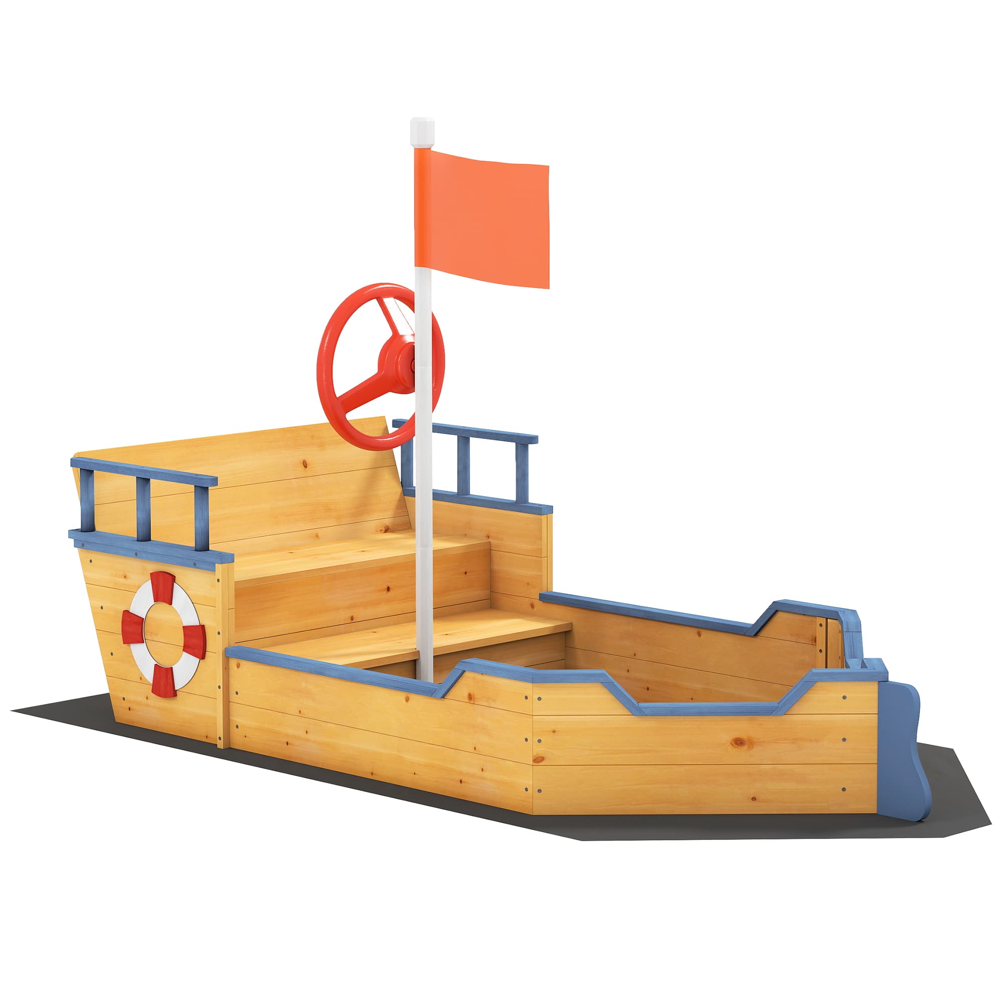 Outsunny Kids Wooden Sandpit Children Sandbox Pirate Ship Sandboat Outdoor Backyard Playset Play Station w/ Bench Bottom Liner | Aosom UK