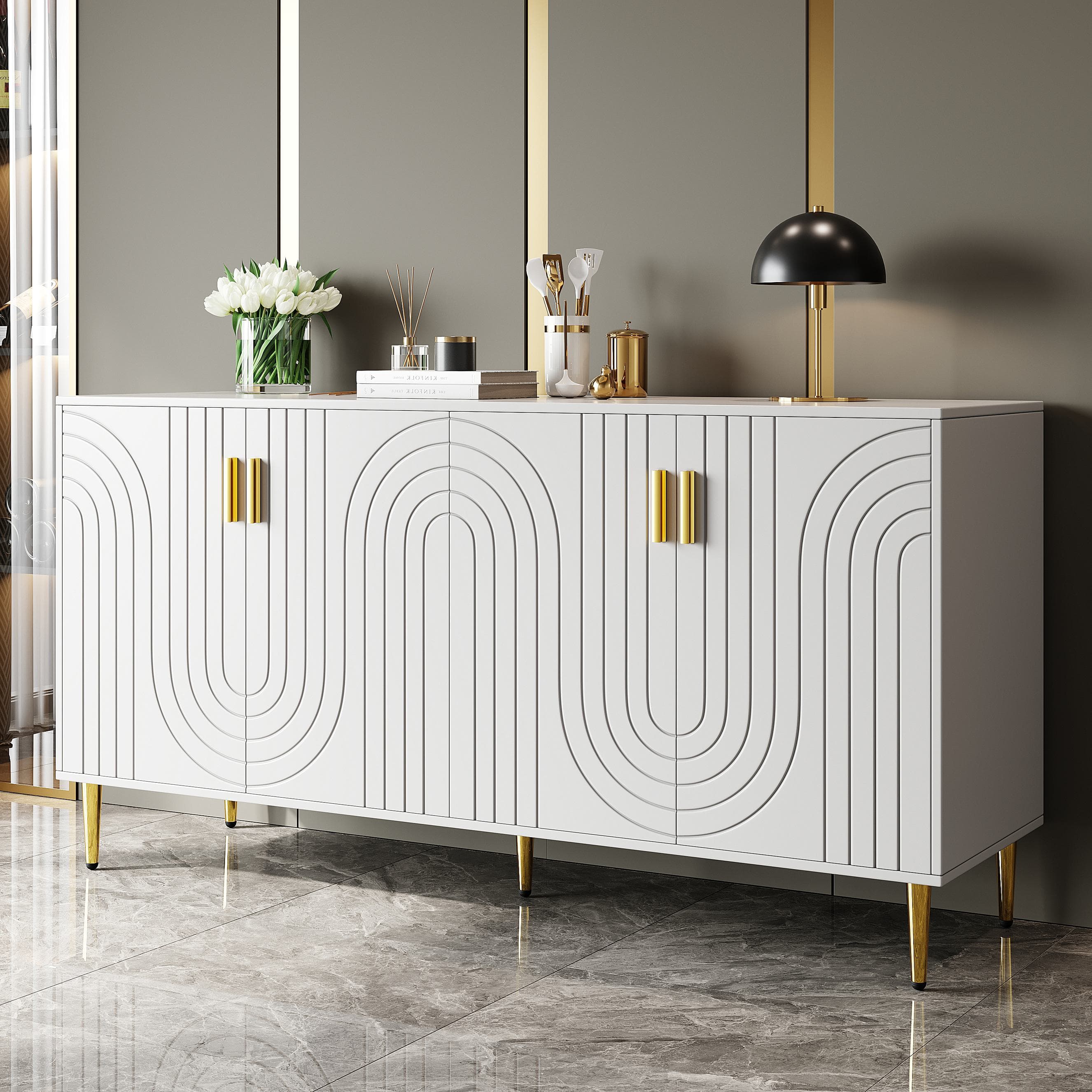 Wave Front Sideboard with 4 Doors & 2 Drawers, Gold Handles & Feet, Modern Buffet Storage Cabinet for Home Storage, 152x40x75 cm, White | Aosom UK