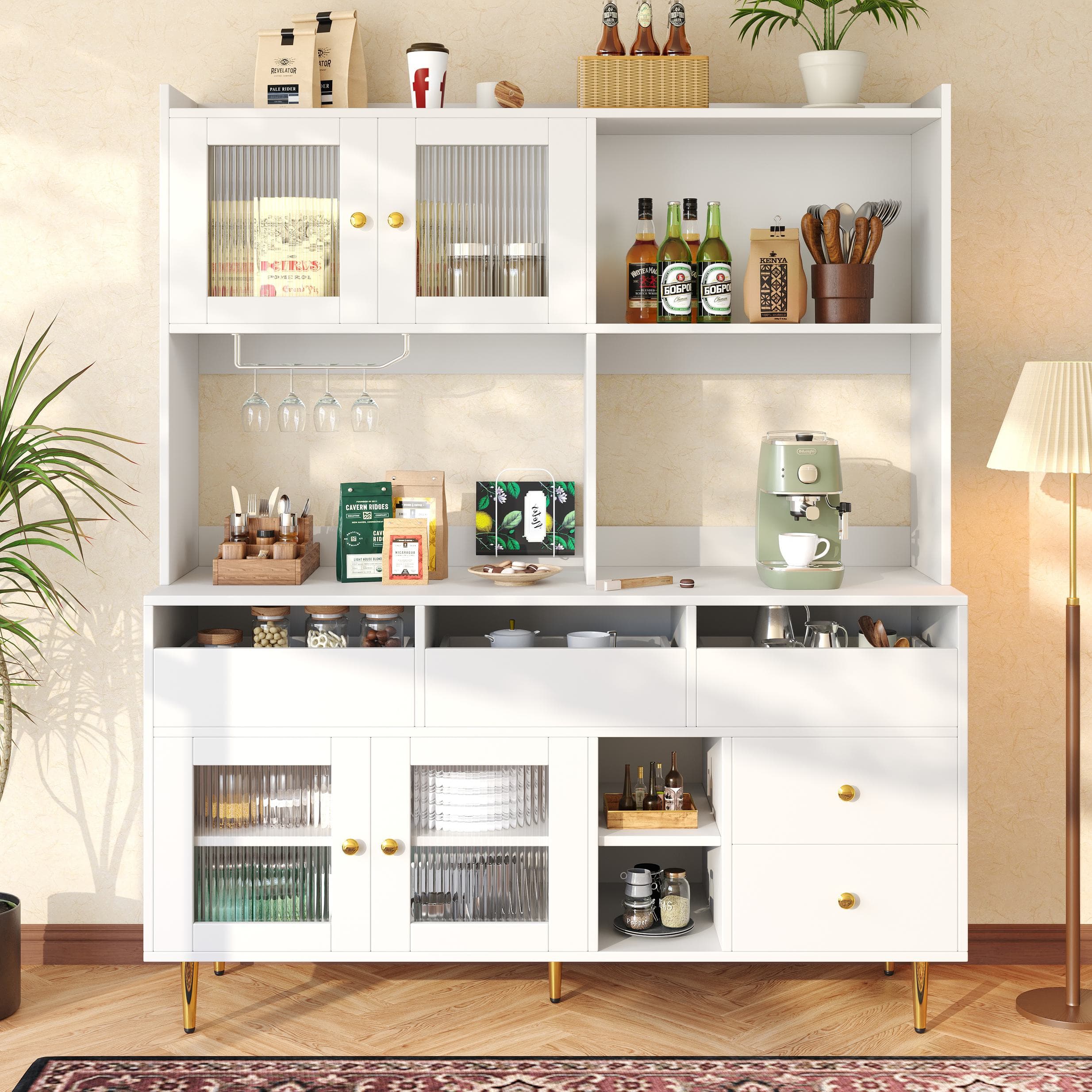Multi-Purpose Storage Cabinet with Glass Door, Wine Glass Holder, Metal Handles, Multi-Layered Storage Unit, 145L x 39W x 171H cm, White | Aosom UK