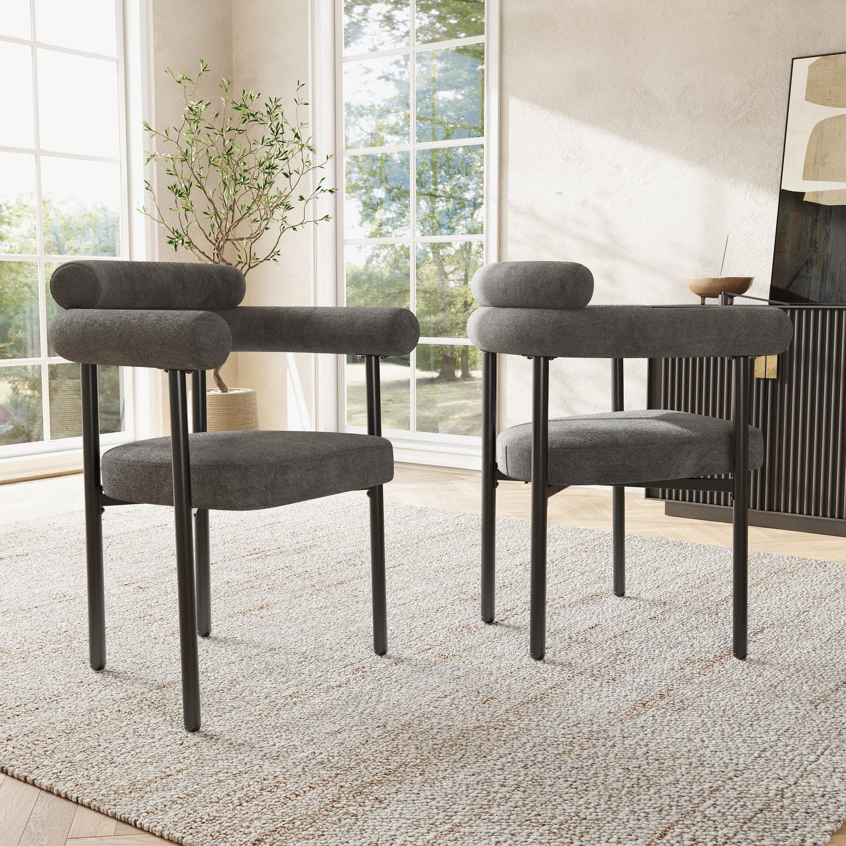 Velvet Dining Chairs with High-Density Sponge & Iron Frame, Ergonomic Boucle Armchair for Dining Room, 70L x 62W x 85H cm, Gray | Aosom UK