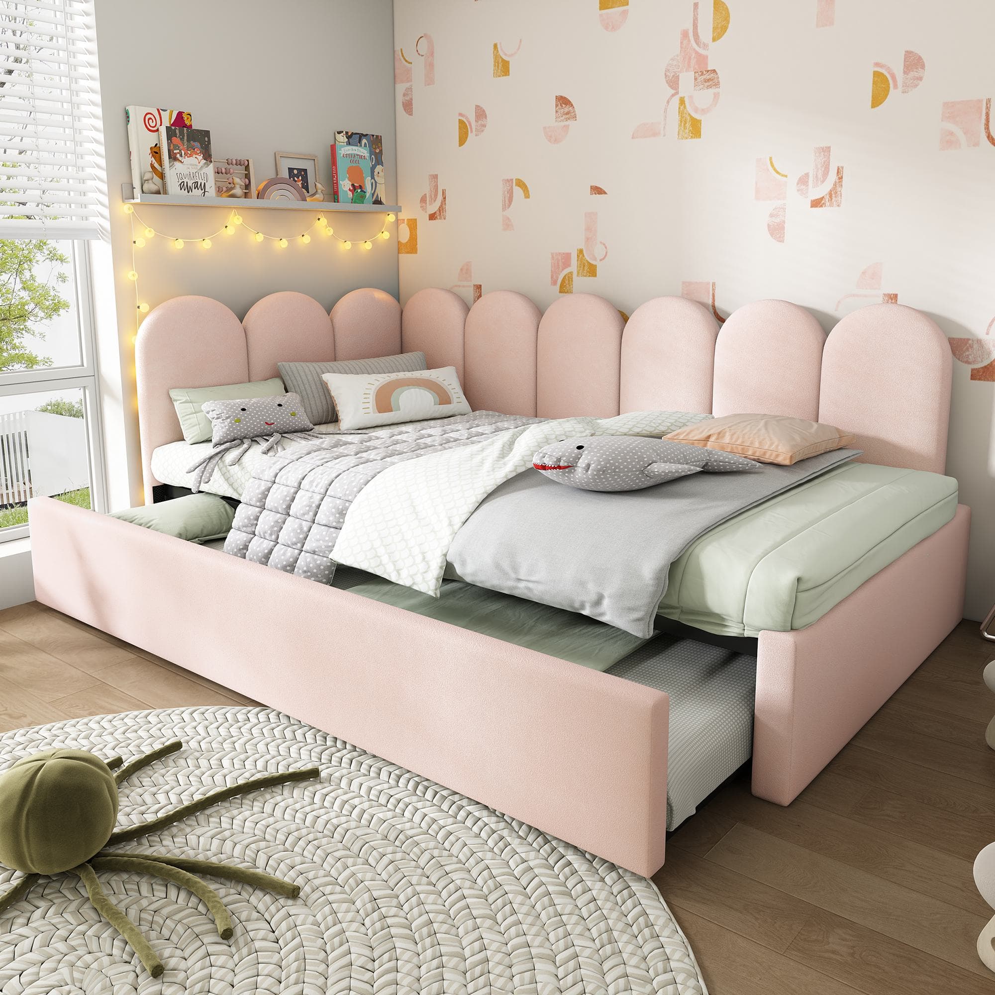 3ft Upholstered Daybed with Pull-Out Bed, Velvet Fabric, Easy Installation, Single Sofa Bed with Slatted Frame, 193L x 97W x 76H cm, Pink | Aosom UK