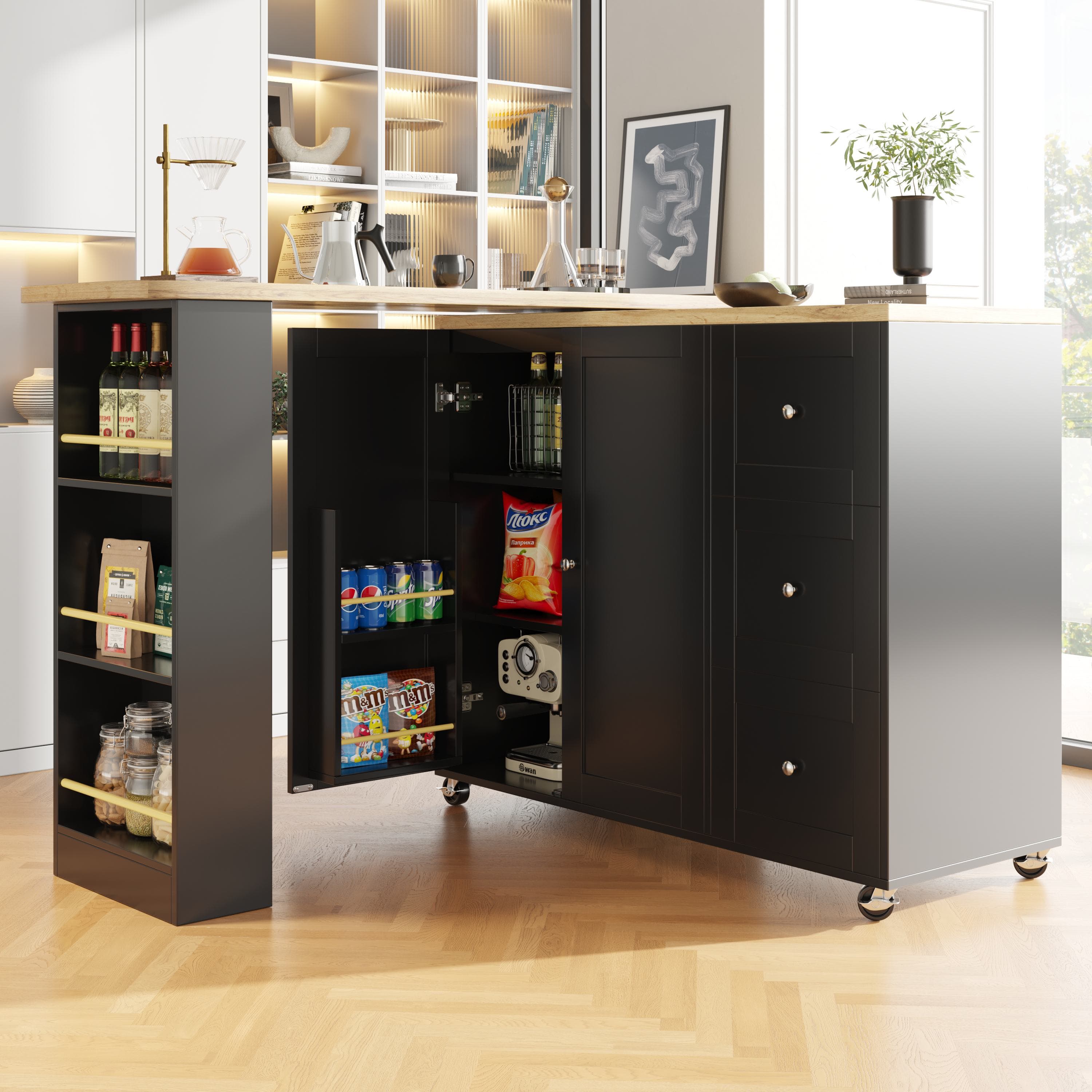 Kitchen Island with Snack Rack & Three Drawers, 360° Swivel Dining Table with Castors, 209L x 39W x 104H cm, Black | Aosom UK