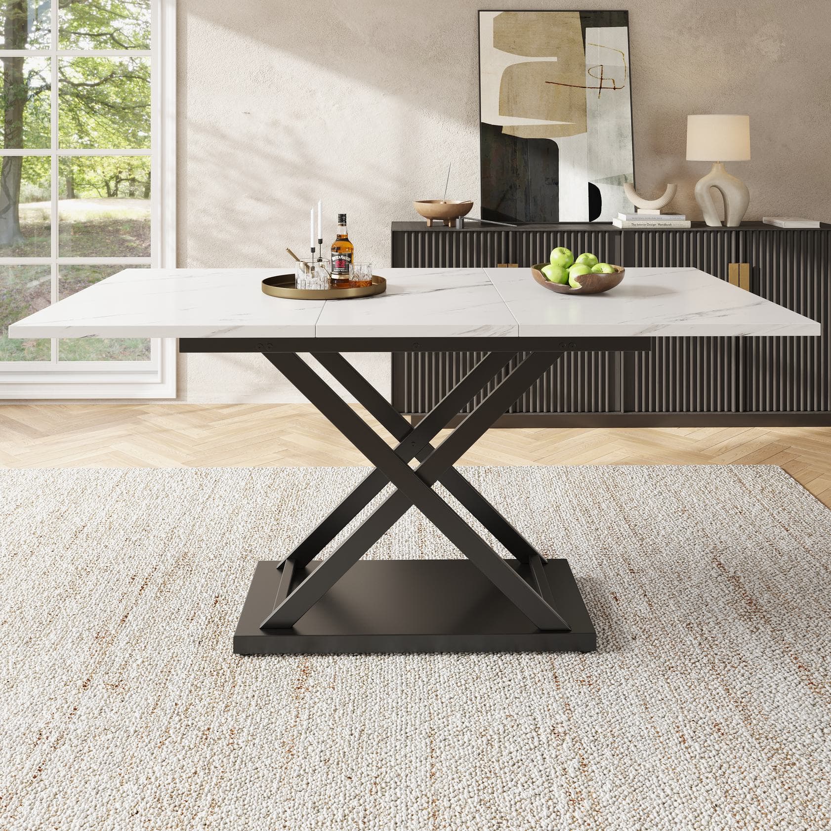 Extendable Dining Table with Marble MDF Top, Crossed Iron Legs, Telescopic Table of Space-Saving Design, Ideal for Kitchen, Dining Room, White | Aosom UK
