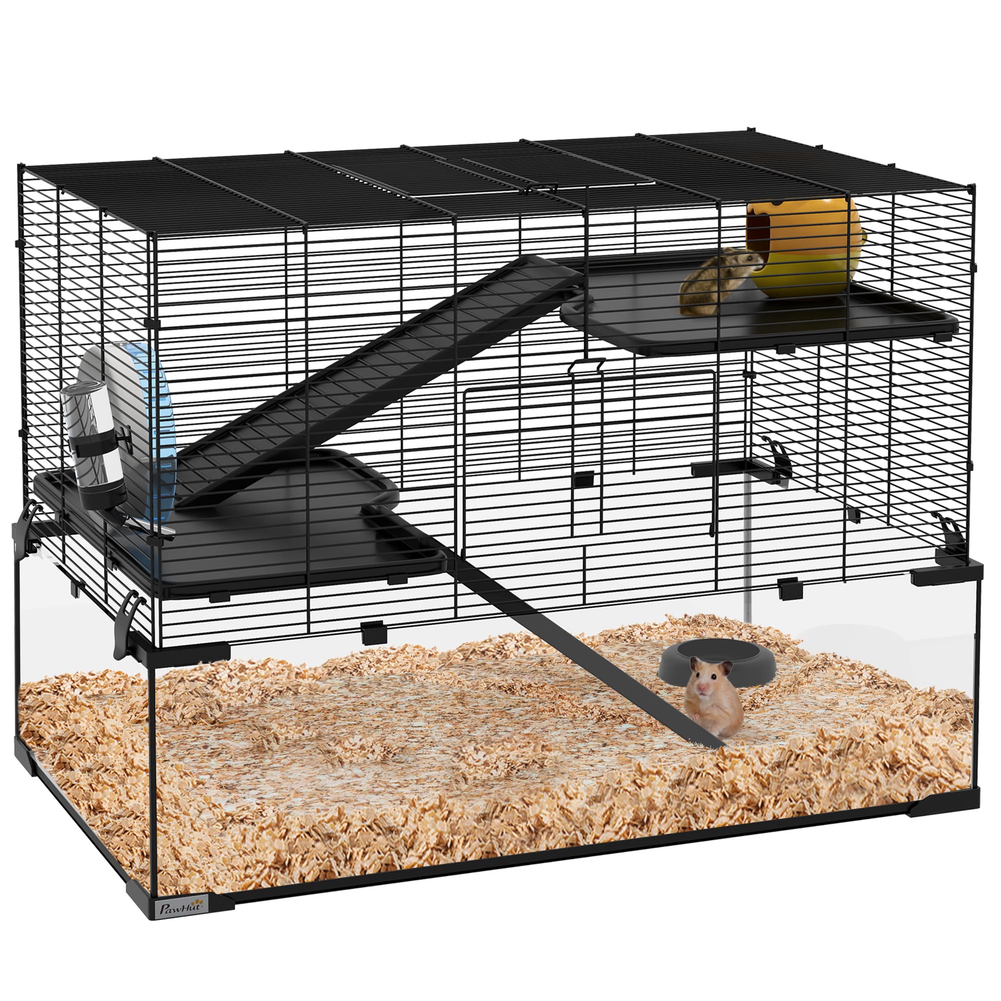 PawHut 3 Tiers Hamster Cage, Gerbil Cage with Deep Glass Bottom, Non-Slip Ramps, Platforms, Hut Exercise Wheels Water Bottle for Syrian Dwarf Hamster thumbnail 2