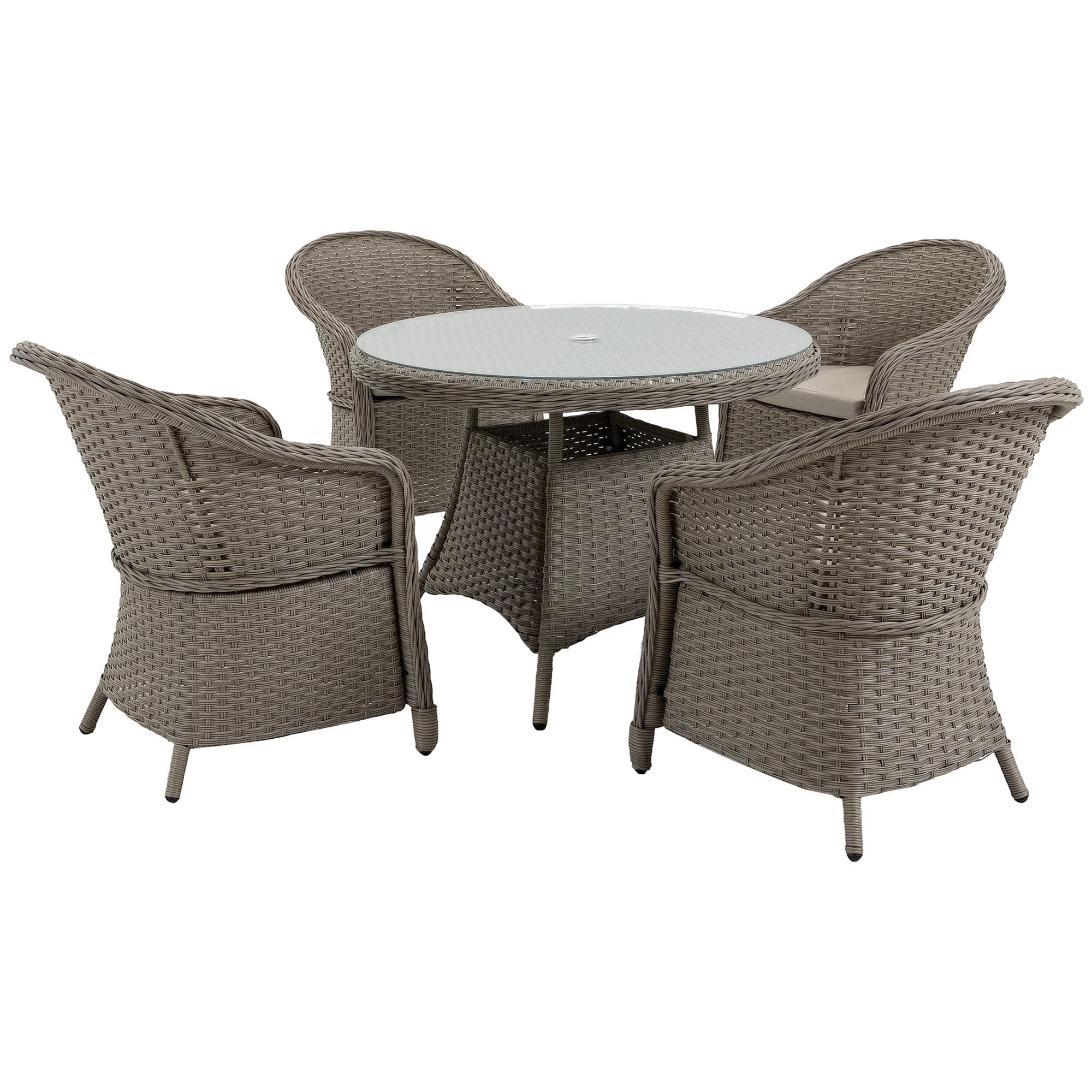 Outsunny 5 Pieces Outdoor Patio PE Rattan Dining Set, 4 Chairs & Round Table with Umbrella Hole for Small Garden, Mixed Grey | Aosom UK