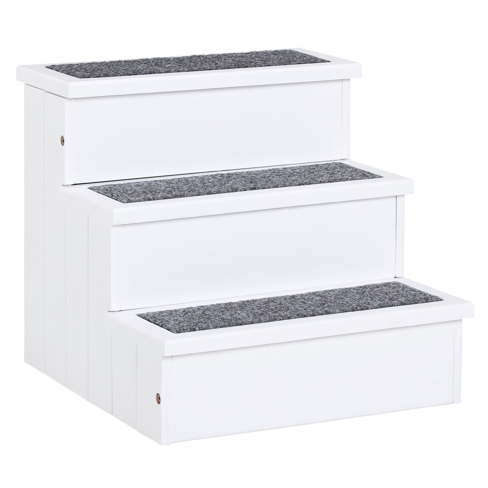 PawHut 3 Step Wooden Pet Stairs, Carpeted Ramp for Cats & Small Dogs, Non-Slip Carpet, Compact, White | Aosom UK