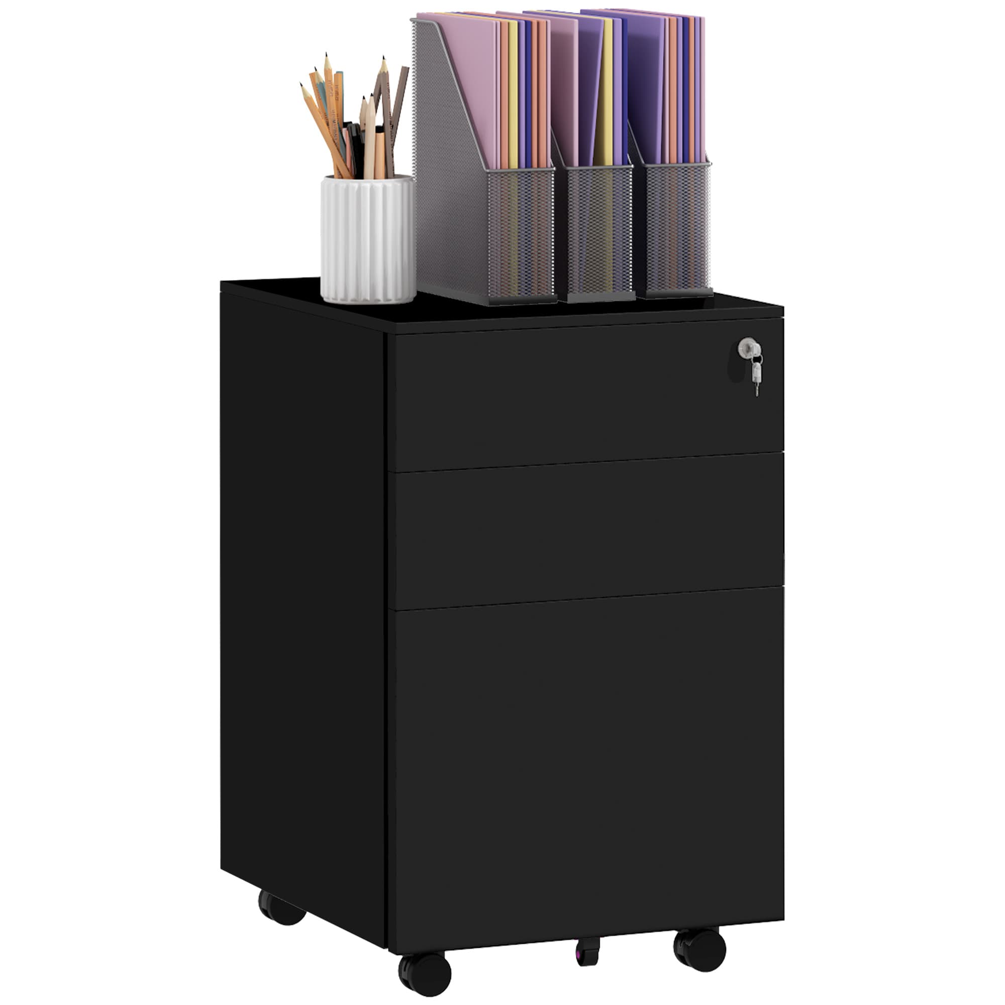 Vinsetto 3-Drawer Vertical Filing Cabinet w/ Lock & Pencil Tray, Steel Mobile File Cabinet w/ Adjustable Hanging Bar for A4, Legal Size | Aosom UK