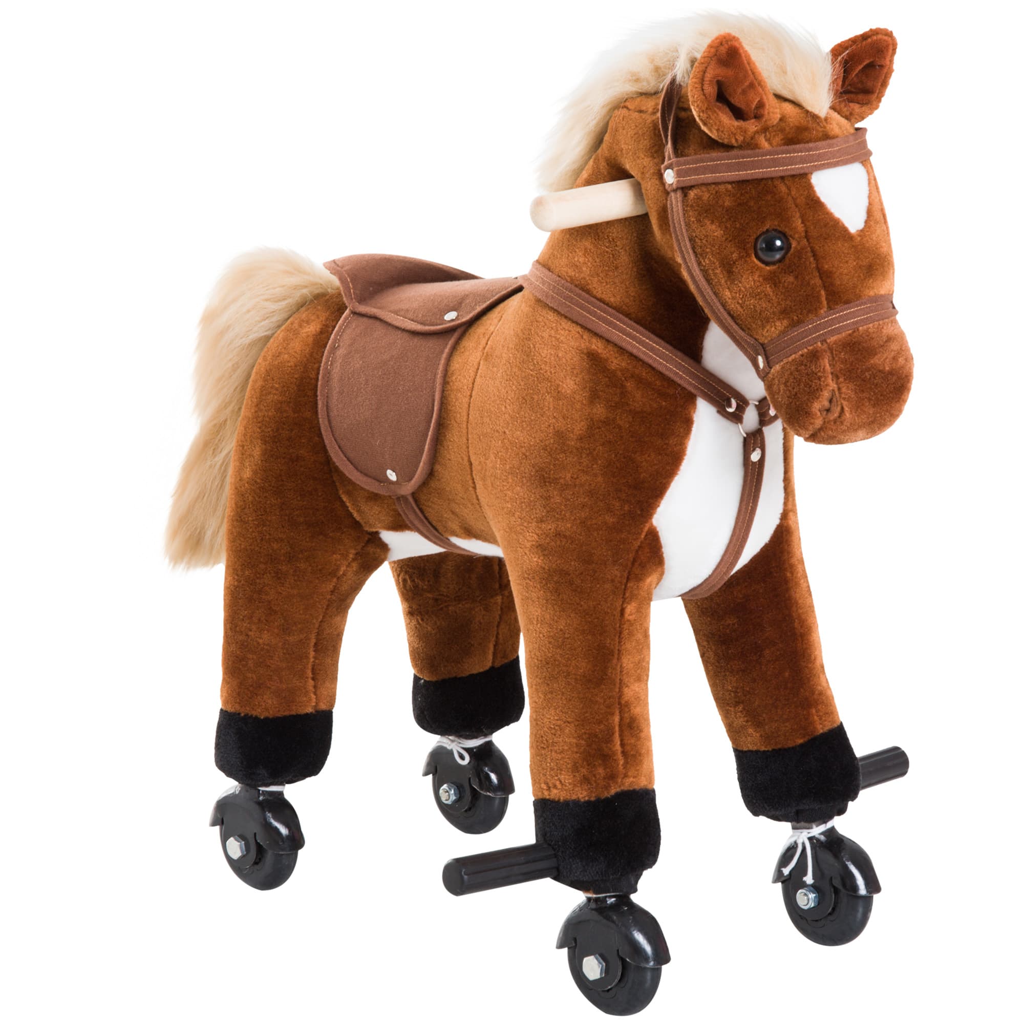 HOMCOM Plush Rocking Horse: Wooden Action Pony with Wheeled Walking, Riding & Sound, Brown | Aosom UK