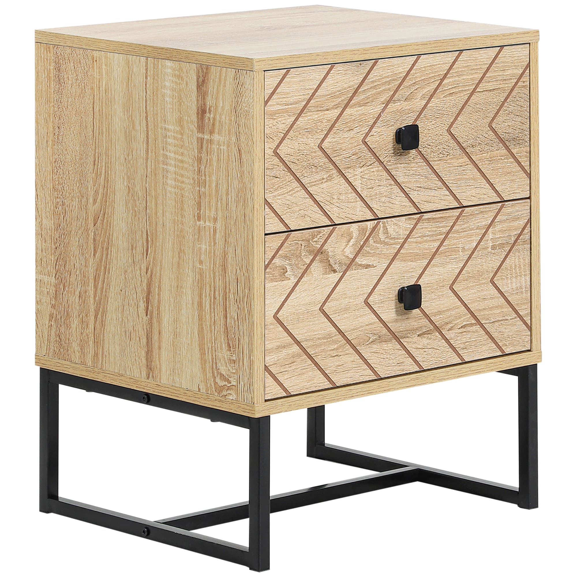 HOMCOM Unique Bedside Cabinet, Two-Drawer Nightstand, Zig Zag Design, Black Metal Handles, Melamine Finish