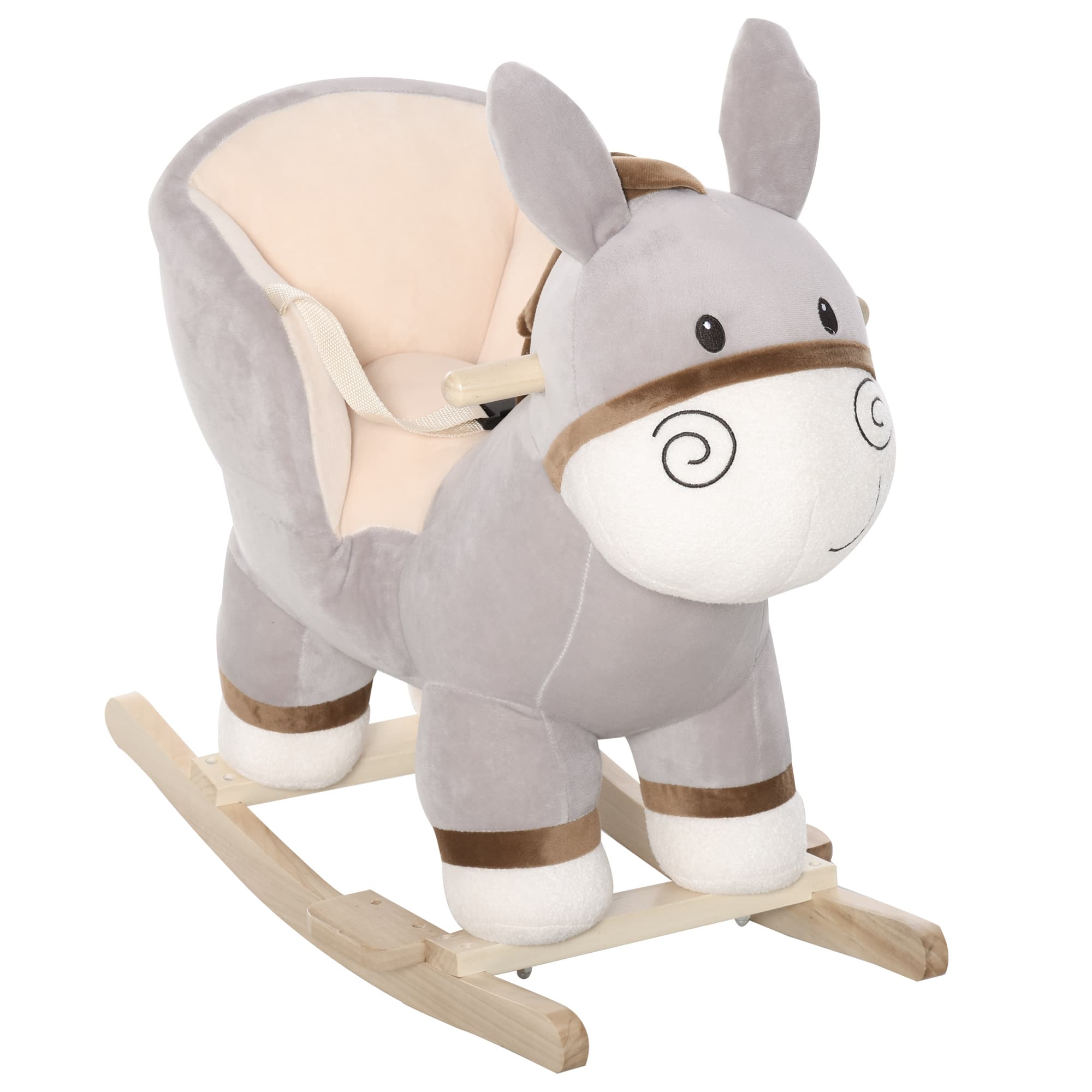 HOMCOM Kids Rocking Horse, Children Plush Ride On Donkey Animal Rocker w/ Sound, Wood Base Seat, Grey | Aosom UK