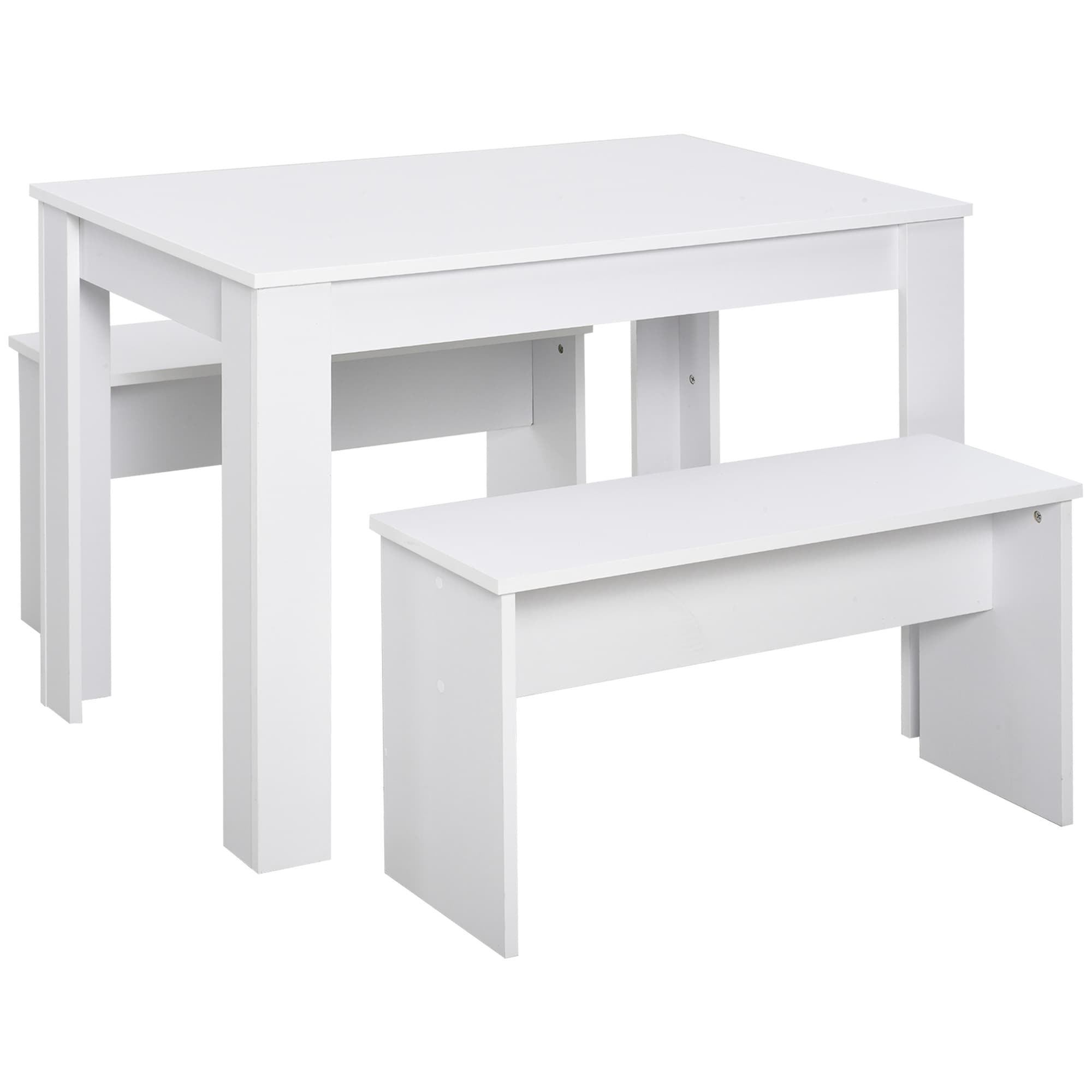 HOMCOM 3 Pieces Dining Set, Kitchen Dining Table and Benches with Particle Board Structure, for Compact Kitchen and Living Room, White | Aosom UK