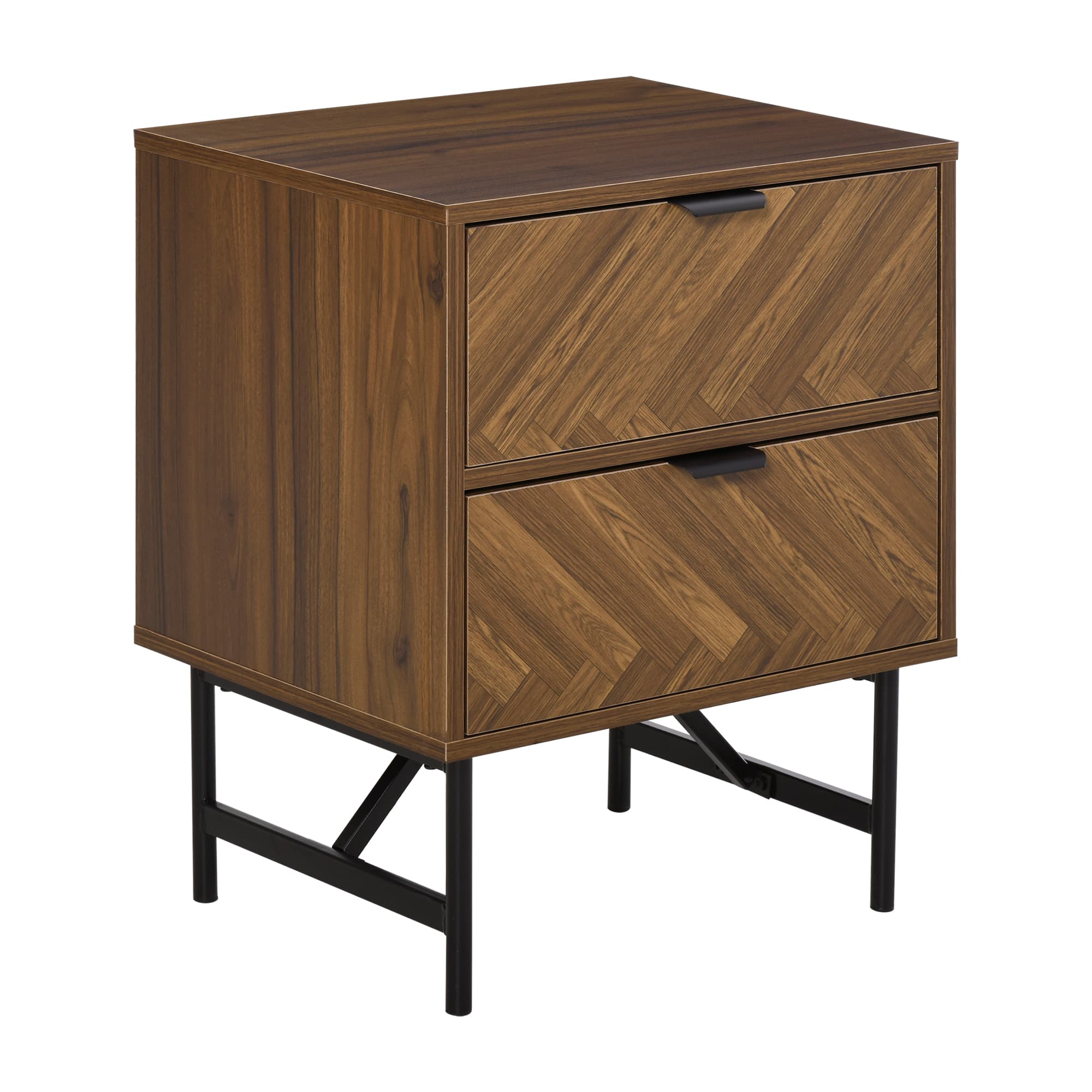 HOMCOM Herringbone Pattern Side Cabinet, Home Organizer with 2 Drawers, Hidden Handles, for Bedroom or Living Room, Walnut Brown