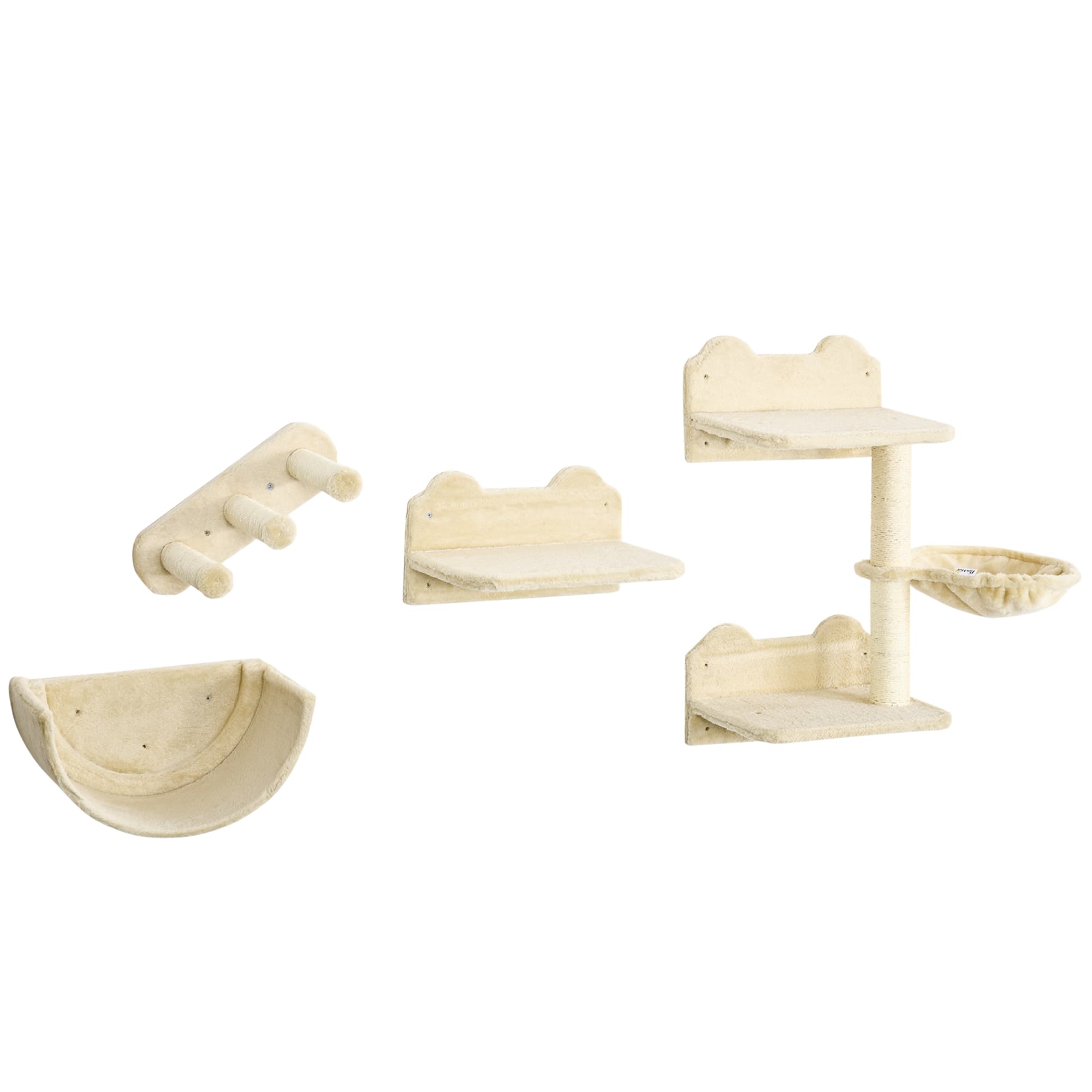 PawHut Wall-mounted Cat Shelves Set, Climbing Activity Centre with Hammock, Scratching Post & Jumping Platform for Kittens, Beige | Aosom UK
