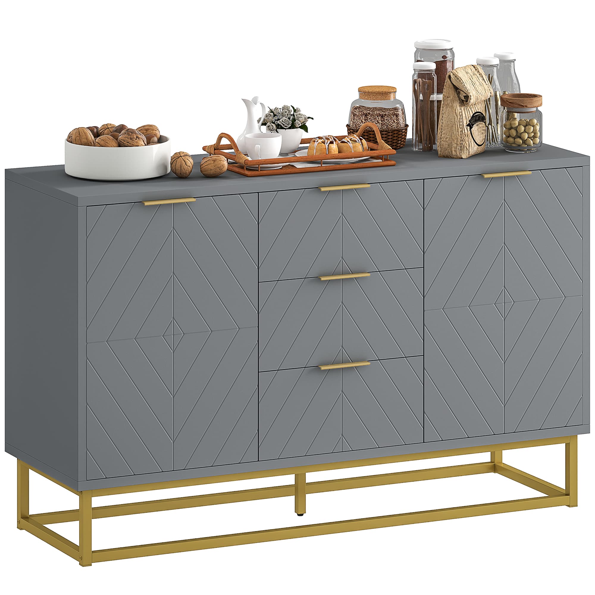 HOMCOM Modern Storage Cabinet Freestanding Cupboard with 3 Drawers for Dining Room, Living Room, Grey | Aosom UK