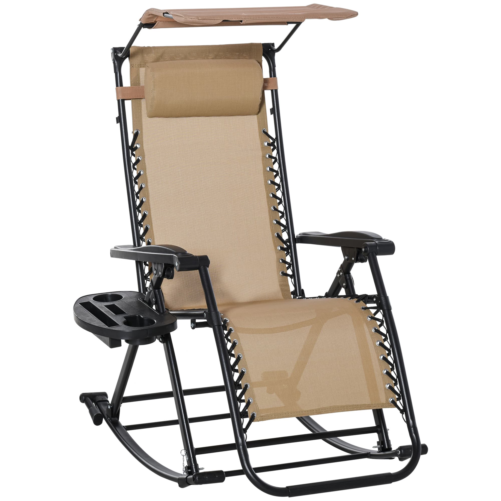 Outsunny Garden Rocking Chair Folding Recliner Outdoor Adjustable Sun Lounger Rocker Zero-Gravity Seat w/ Headrest Side Holder Patio, Beige | Aosom UK