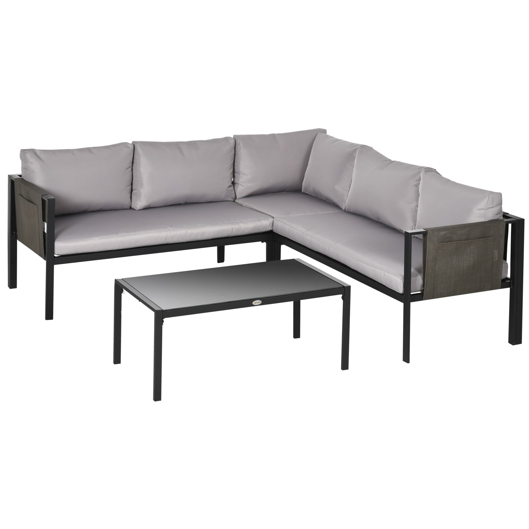 Outsunny 4 Piece Garden Furniture Set Metal Sofa Set w/ Tempered Glass Coffee Table, Conversational Corner Sofa Loveseat w/Padded Cushions Light Grey | Aosom UK