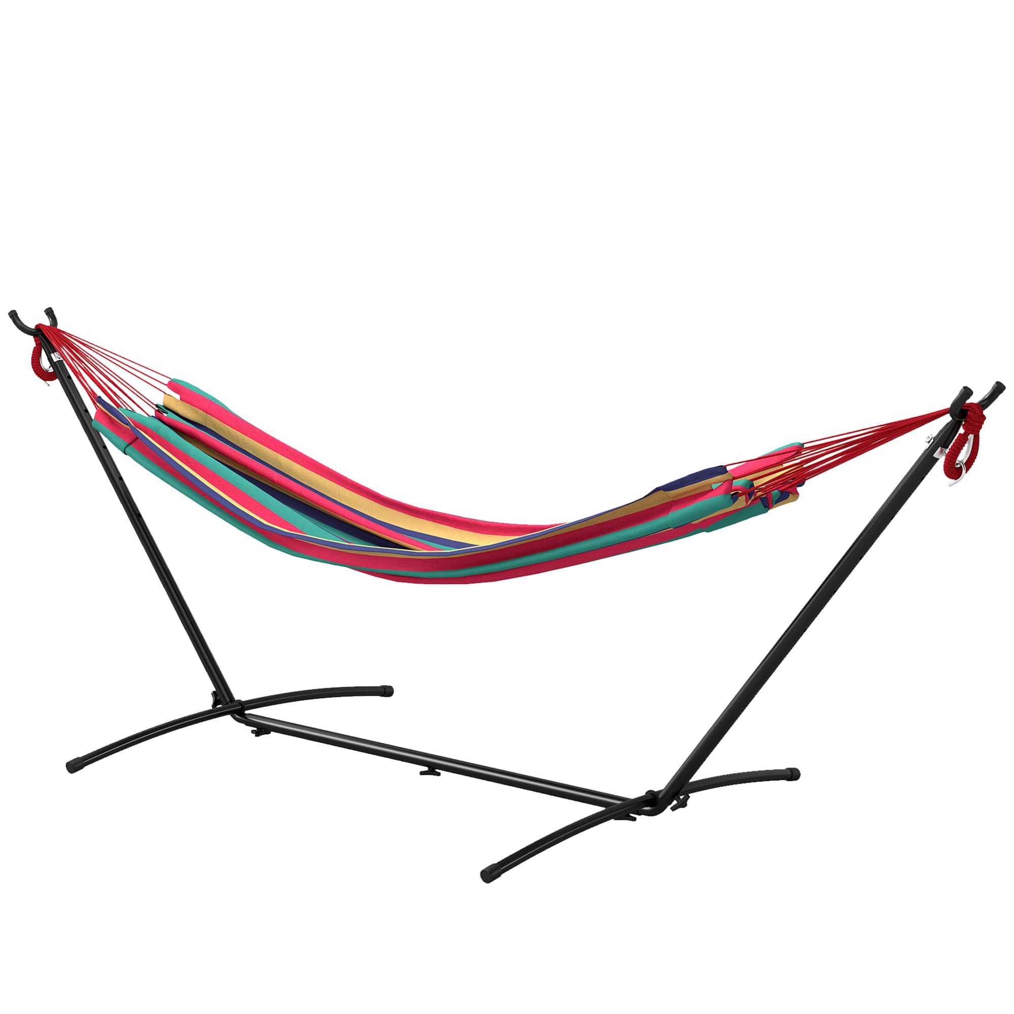 Outsunny Camping Hammock: Portable Stand with Adjustable Height, Striped Hammock with Carrying Bag, 120kg Capacity, 277 x 121cm, Red | Aosom UK