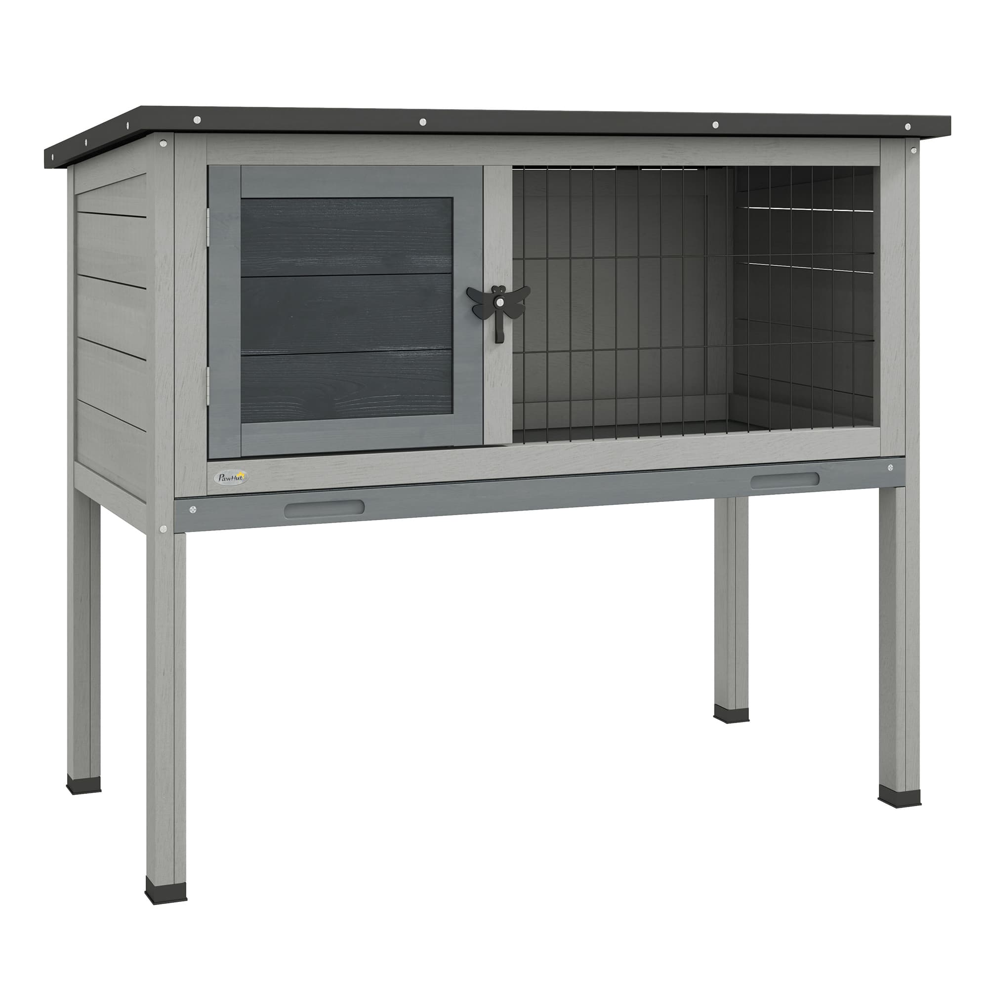 Pawhut Wooden Rabbit Hutch Guinea Pig Hutch Bunny Cage Garden Built in Tray Openable Asphalt Roof Small Animal House 84 x 43 x 70 cm Grey