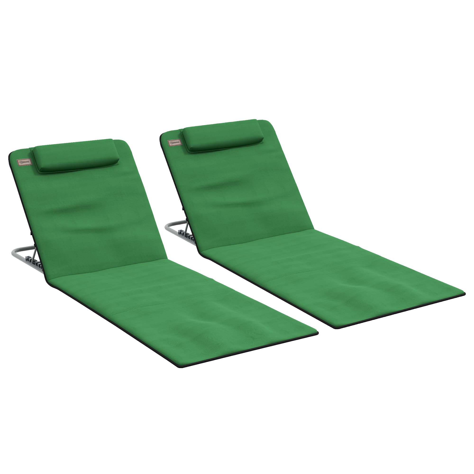 Outsunny Reclining Beach Duo: Metal Frame Loungers with PE Fabric, Includes Pillows, 2 Pieces, Green | Aosom UK