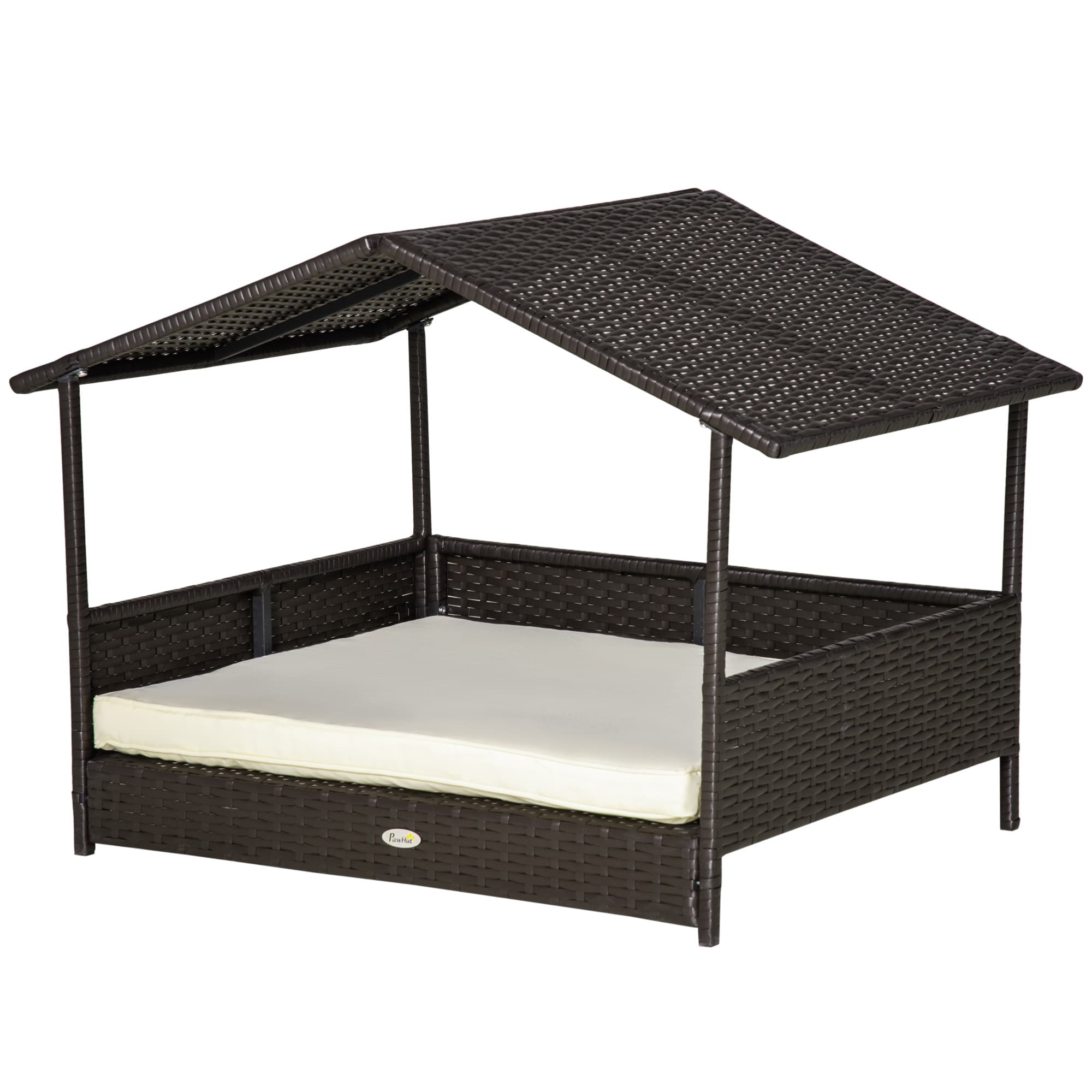 PawHut Wicker Dog House, Rattan Pet Bed, with Removable Cushion, Canopy, for Small and Medium Dogs - Cream | Aosom UK
