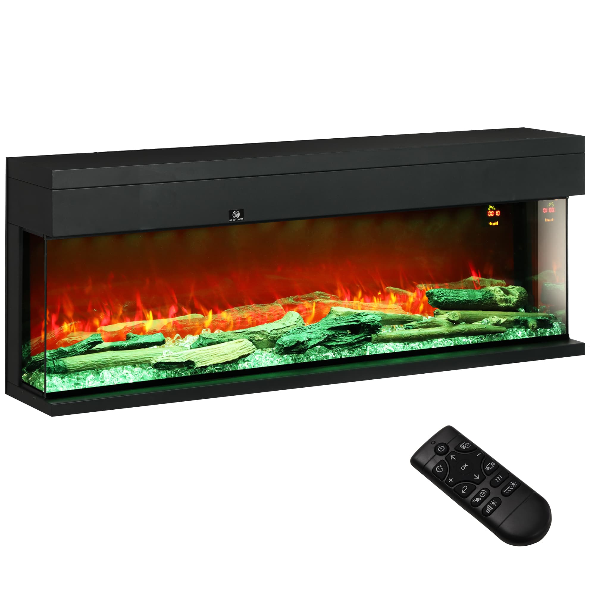 HOMCOM Wall Mounted Electric Fire, Recessed, Insert, Freestanding, Glass Electric Fire w/ LED Flame Effectl, 152cm, 1800W, Black | Aosom UK
