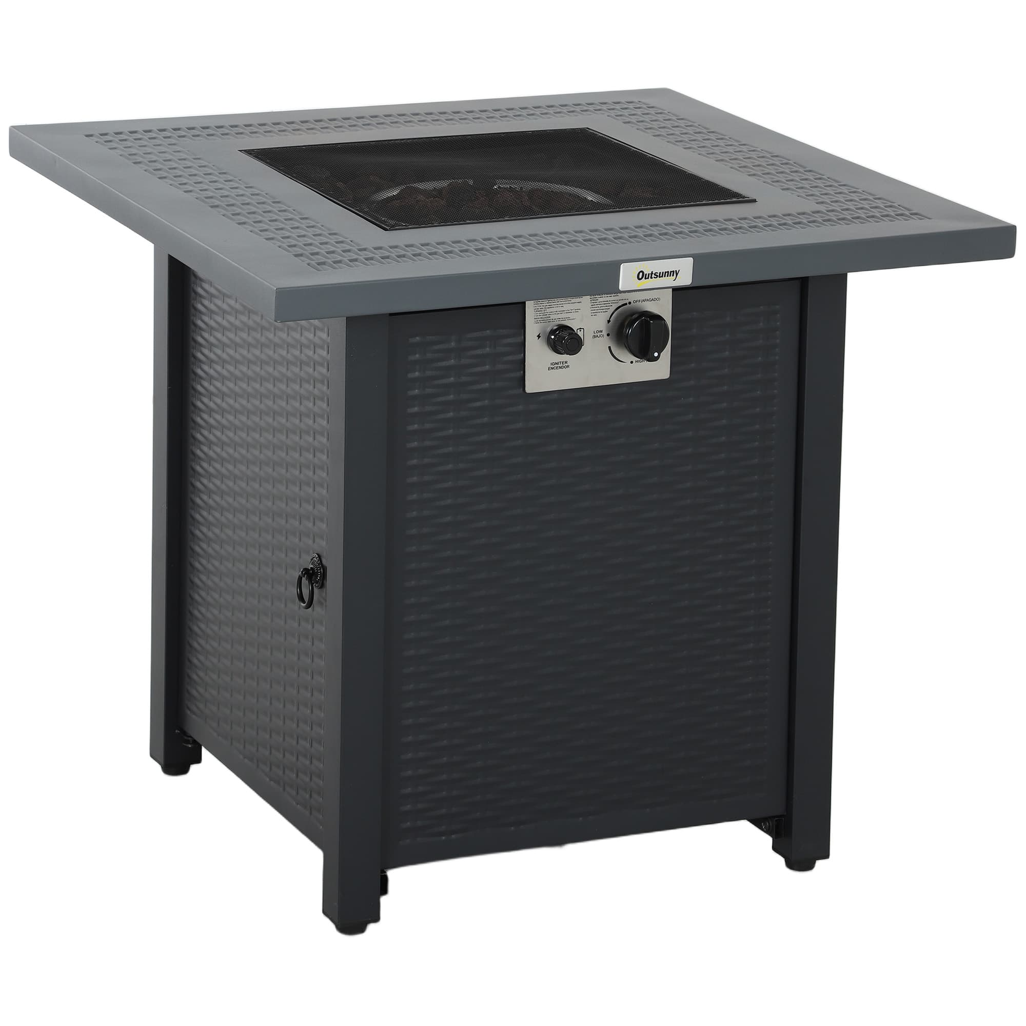 Outsunny Square Propane Gas Fire Pit Table, 40000 BTU Rattan Smokeless Firepit Patio Heater with Lava Rocks and Lid, 71cm x 71cm x 62cm, Dark Grey