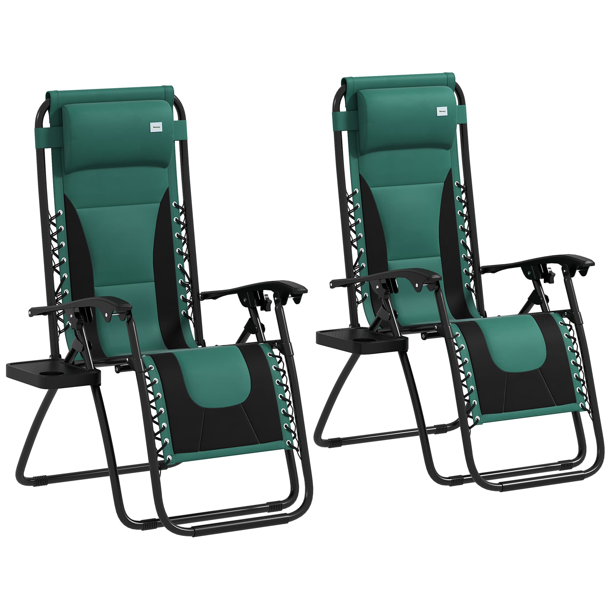 Outsunny Foldable Reclining Garden Chair Set of 2, Zero Gravity Chairs with Padded Seat, Cup Holder, Adjustable Backrest for Patio, Deck, Green