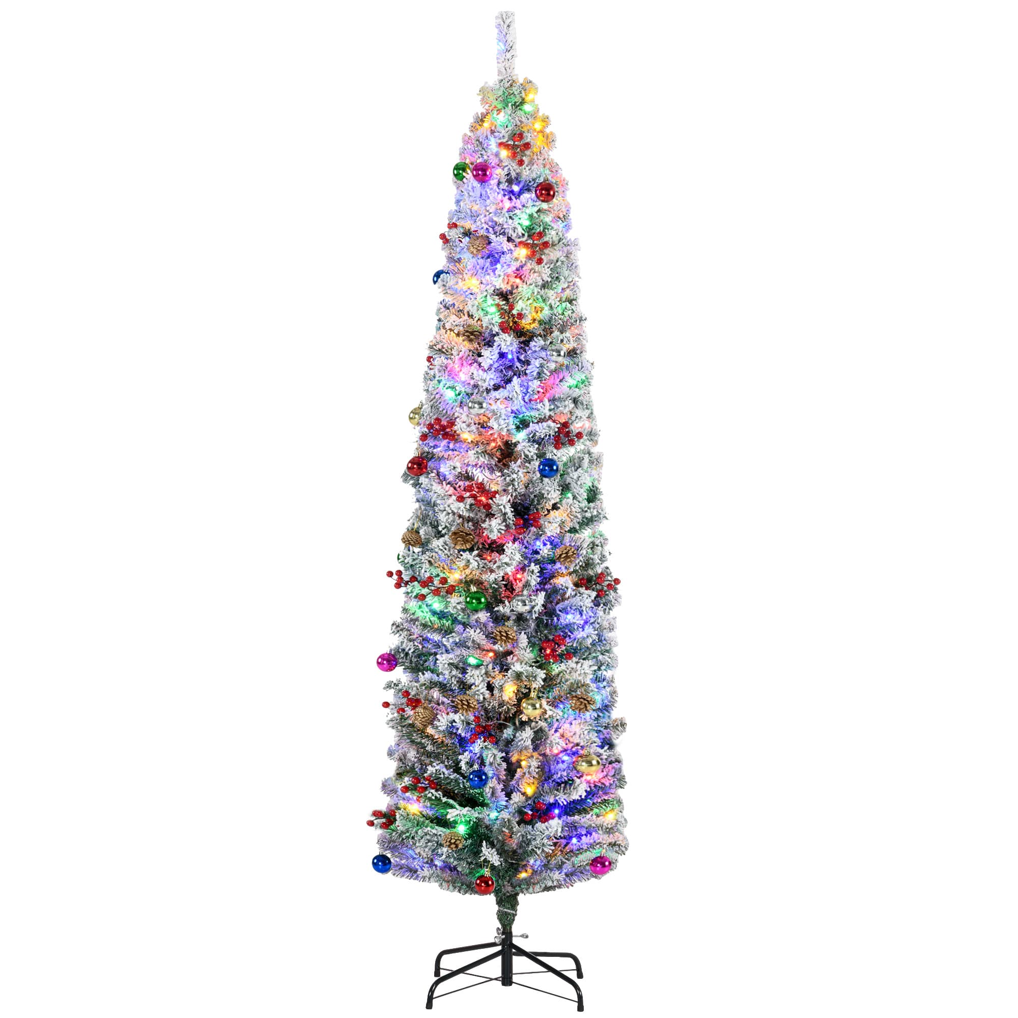 HOMCOM 7' Artificial Prelit Christmas Trees Holiday Décor with Colourful LED Lights, Flocked Tips, Berry, Pine Cone | Aosom UK