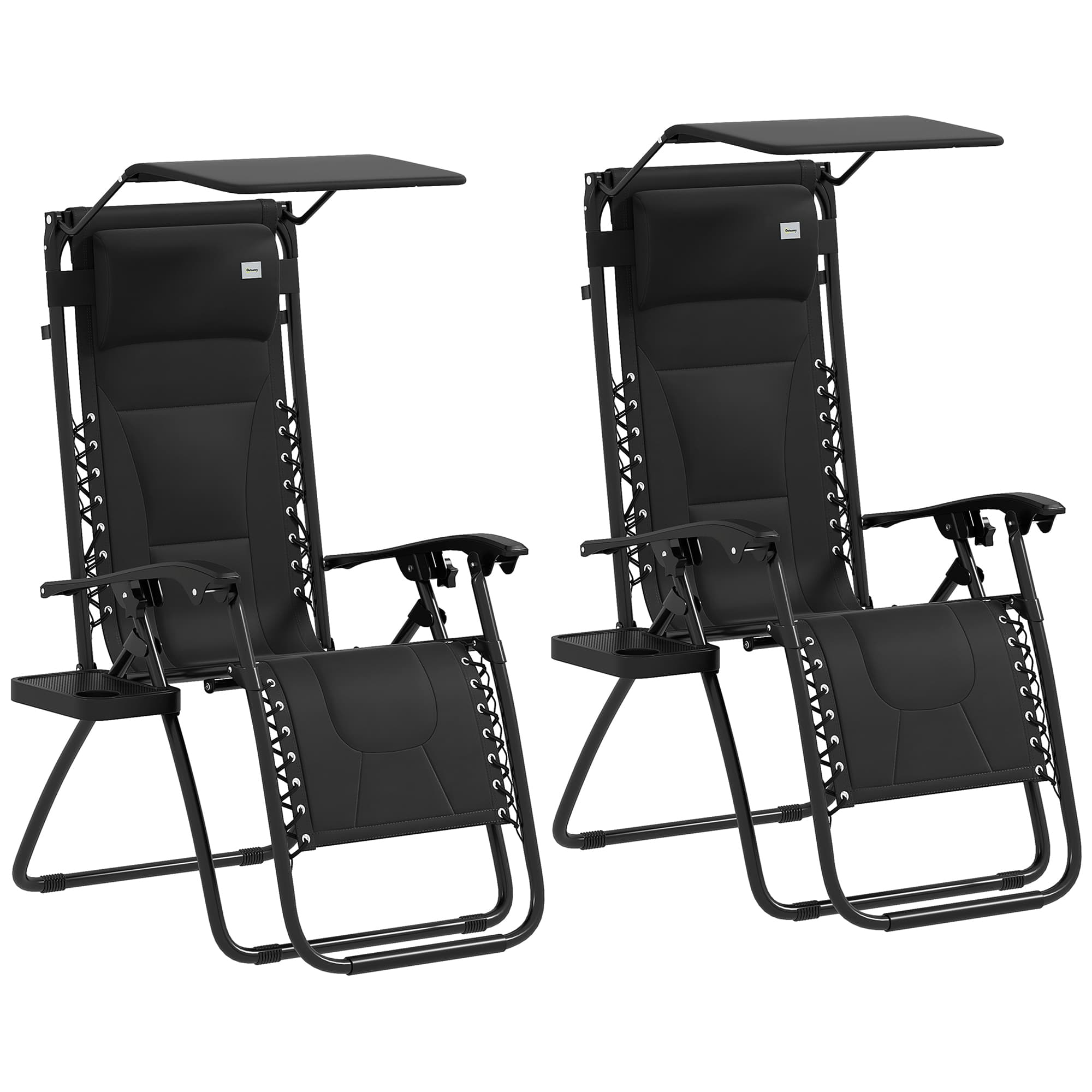 Outsunny Zero Gravity Lounger Chair Set of 2, Folding Reclining Patio Chair with Cup Holder, Cushion and Headrest for Poolside, Camping, Black