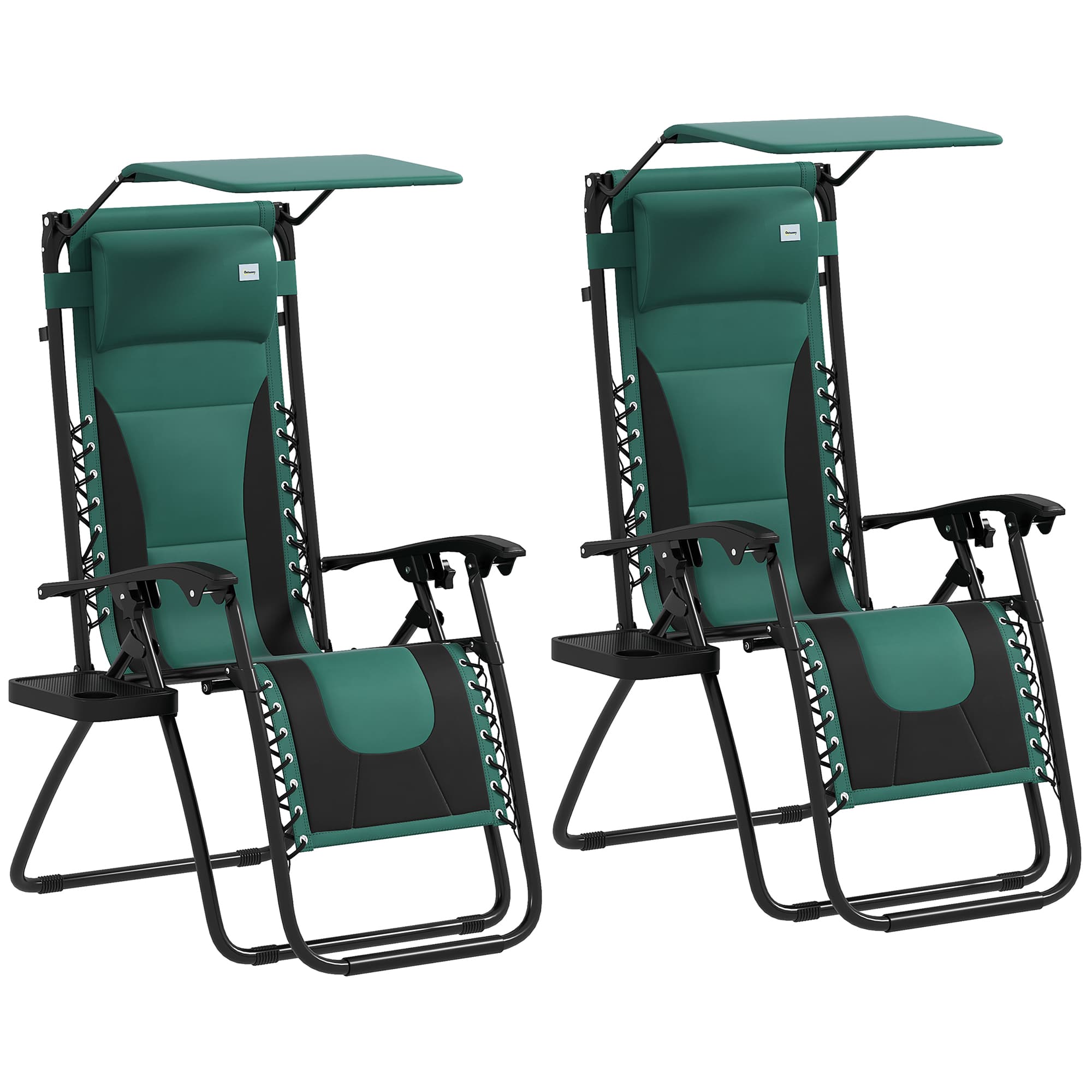 Outsunny Zero Gravity Lounger Chair Set of 2, Folding Reclining Patio Chair with Shade Cover, Cushion and Headrest for Poolside, Camping, Green