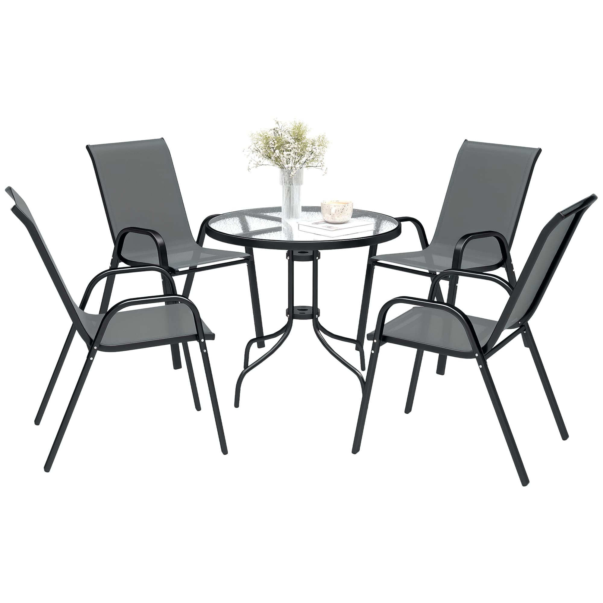 Outsunny 5 Piece Steel Patio Set with Glass Top Table, Outdoor Garden Dining Set with 4 Chairs, Weather Resistant Furniture, Dark Grey | Aosom UK