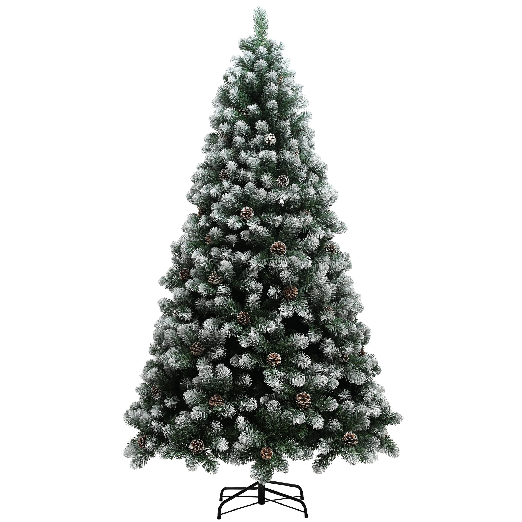 HOMCOM 7ft Artificial Pine Christmas Tree with 1152 Branch Tips and Steel Base, Realistic Hinged Tree with Pinecones, Green | Aosom UK