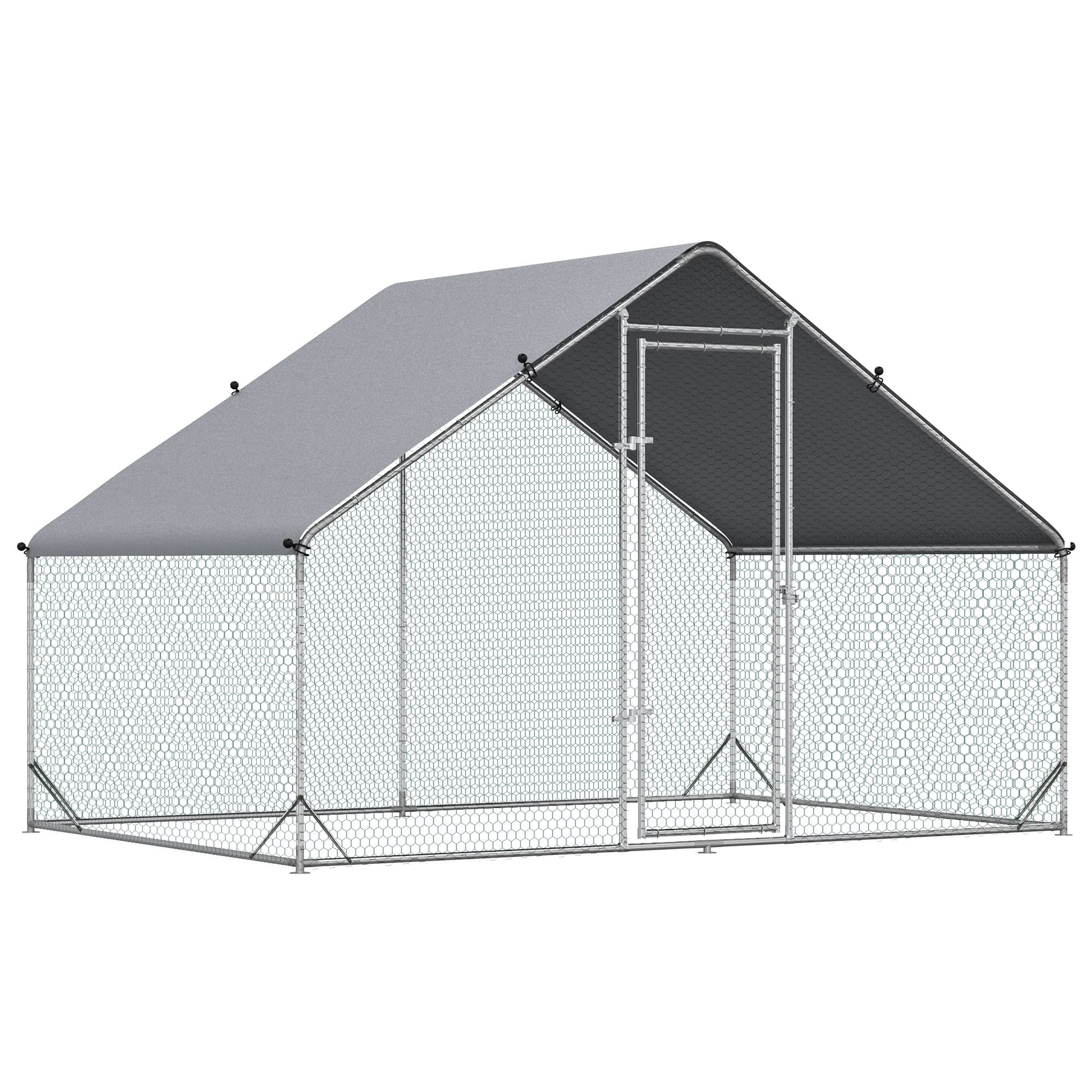 PawHut Walk-In Chicken Run, 3 x 2 x 2m Galvanized Chicken Coop Rabbit Hutch Pet Playpen Backyard with Water-Resist Cover, Silver | Aosom UK