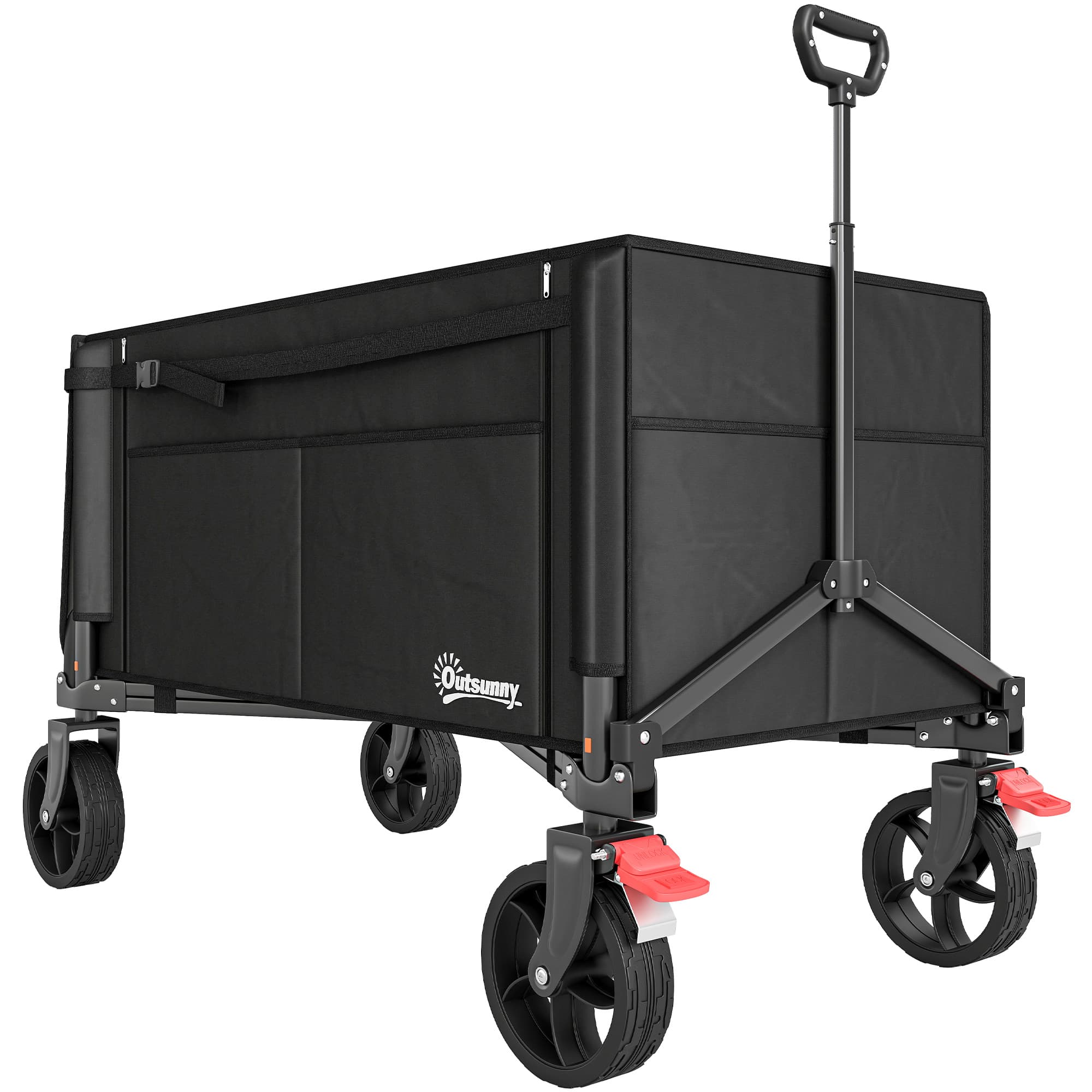 Outsunny Folding Trolley on Wheels, 150L Collapsible Wagon Festival Trolley Cart with Openable Sides, Adjustable Handle and Brakes for Shopping Camping Beach and Garden, Black