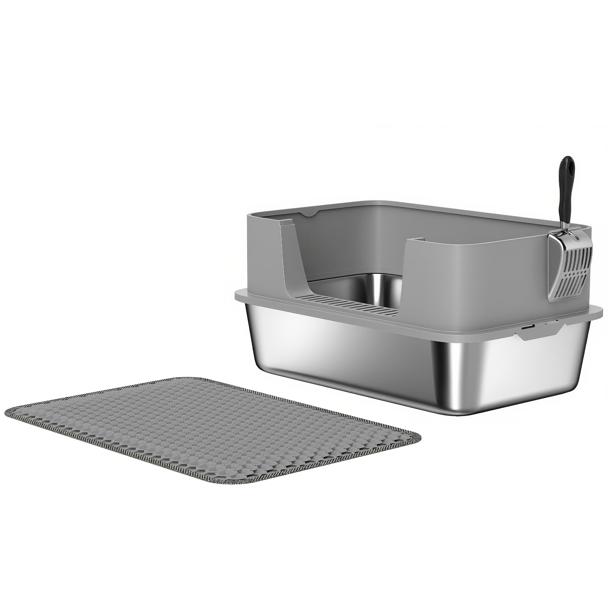 PawHut High Sided Stainless Steel Litter Box, Metal Cat Litter Tray with Scoop, Litter Mat, Never Absorbs Odors, Grey