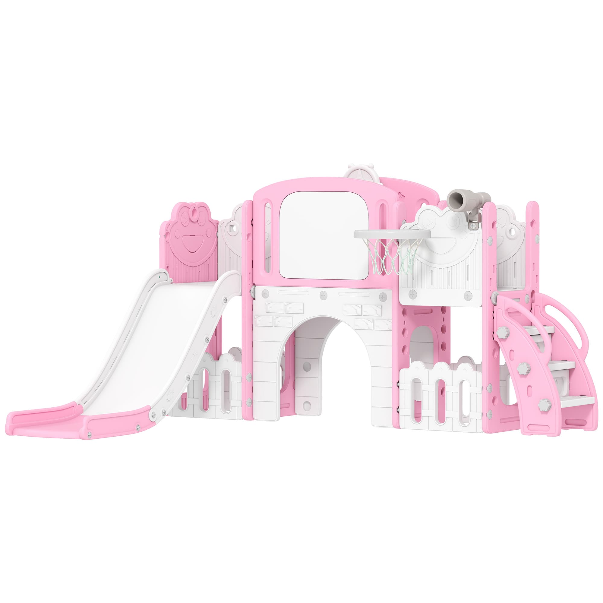 AIYAPLAY 7 in 1 Toddler Slide Set with Basketball Hoop, Climbing Frame, Telescope, Drawing Board, Storage Box, Pink