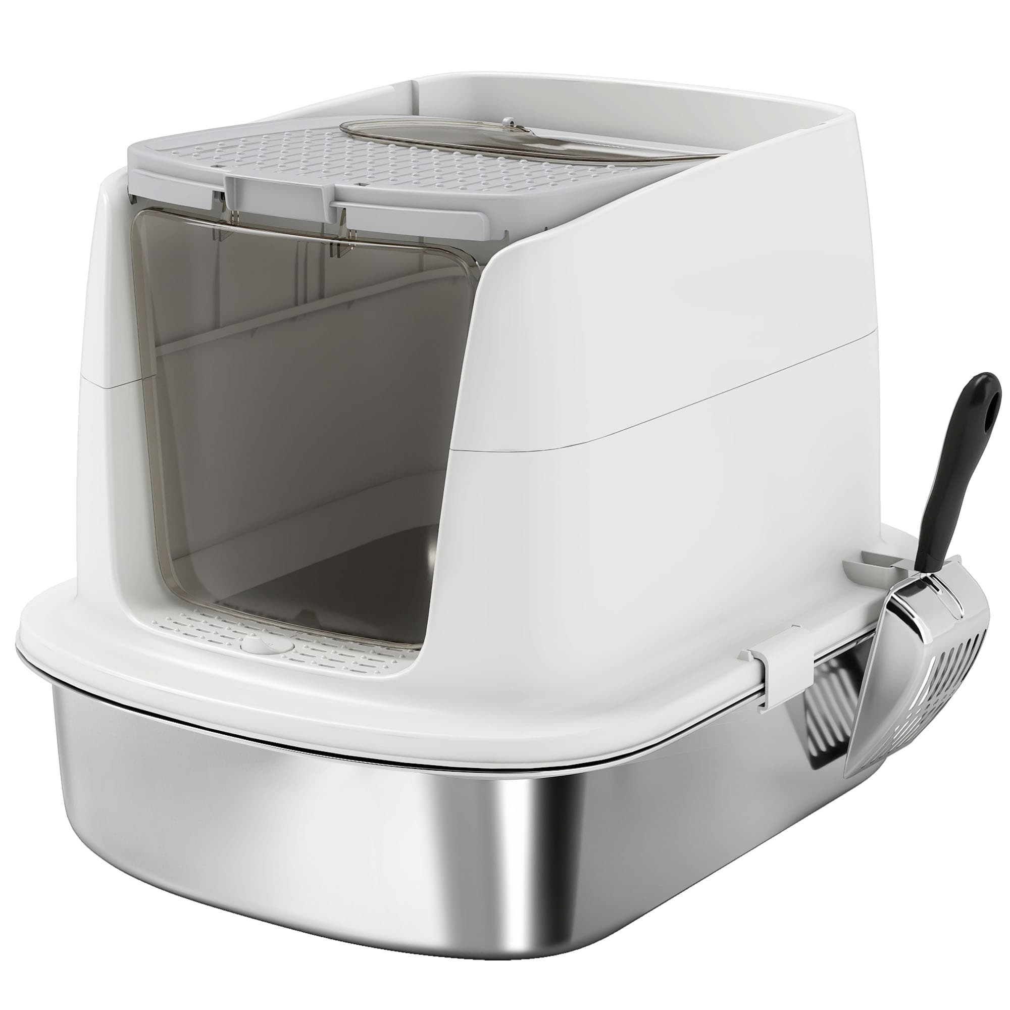 PawHut Large Stainless Steel Litter Box, Enclosed Metal Cat Litter Tray with Scoop & Deodoriser Bag, Front-Entry & Top-Exit | Aosom UK