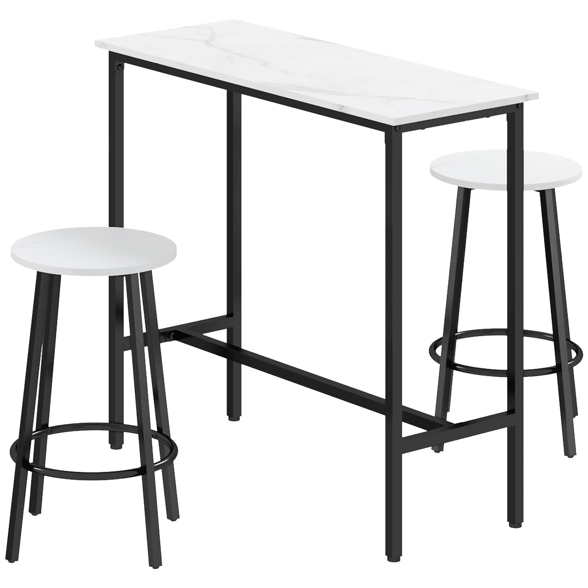 HOMCOM 3 Piece Bar Table and Stool Set for 2 with Stools Steel Frame Footrest for Kitchen Living Room Small Space White | Aosom UK