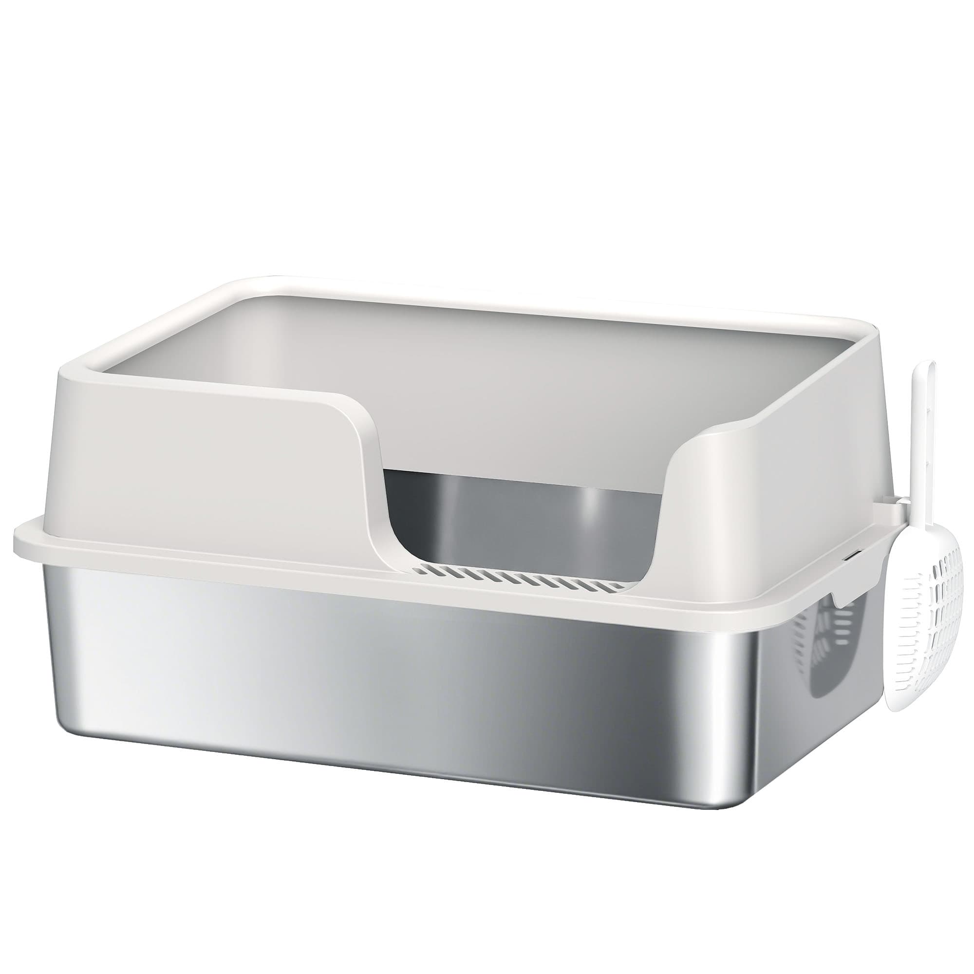PawHut Stainless Steel Litter Box with Detachable Rim, Easy Clean, Odour-Resistant with Scoop, 60 x 40 x 28 cm | Aosom UK