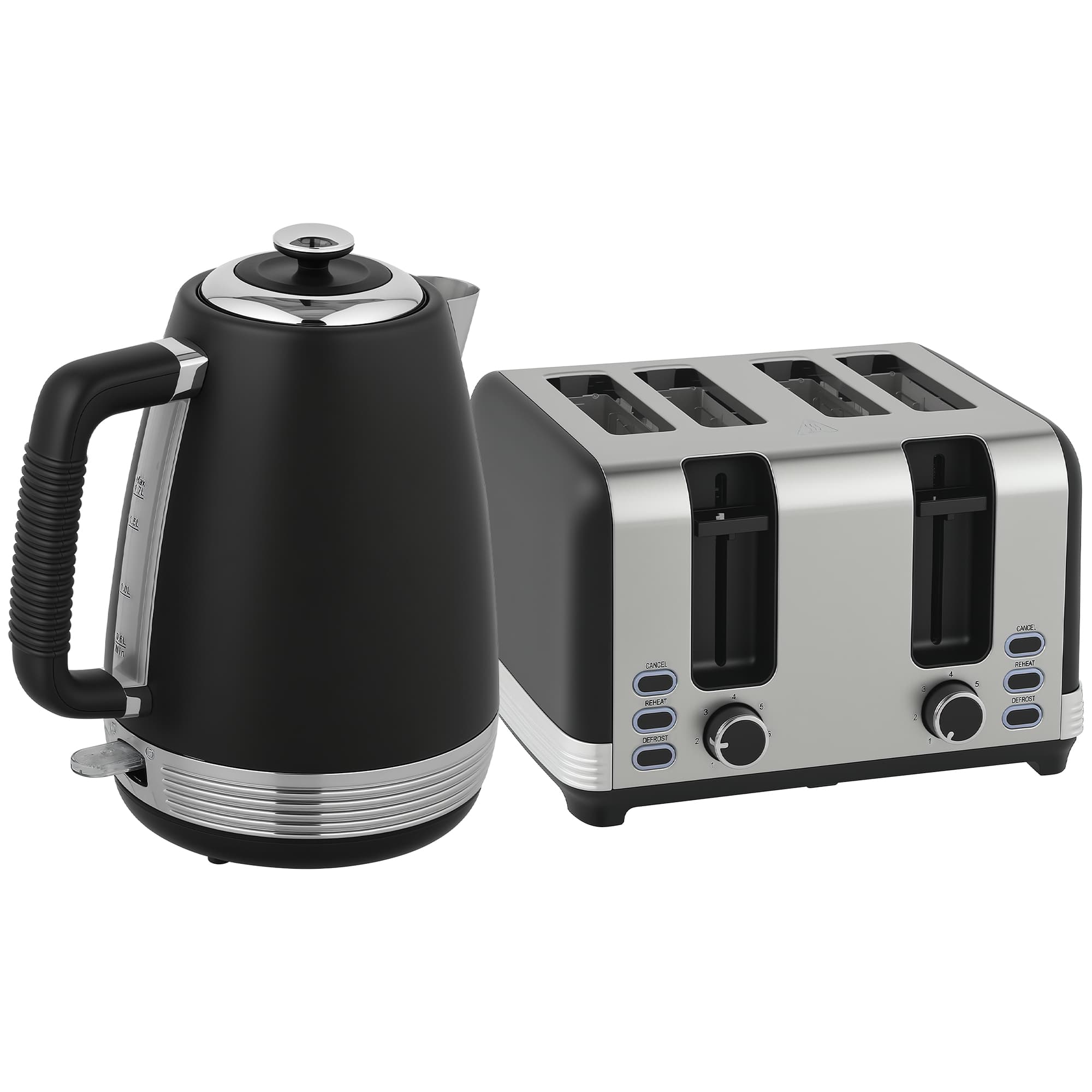 HOMCOM Stainless Steel Kettle and Toaster Set, 1.7L 3000W Rapid Boil Jug Kettle with UK Strix Thermostat, Limescale Filter, 4 Slice Toaster with 7 Browning Controls, Crumb Tray, Black and Silver Tone